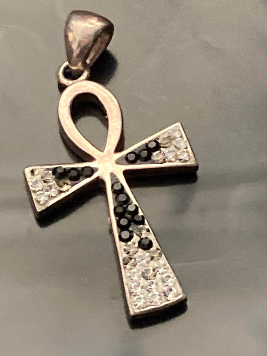 AF 925 sterling silver black and clear Crystal gem set religious cross pendant 4.5cm