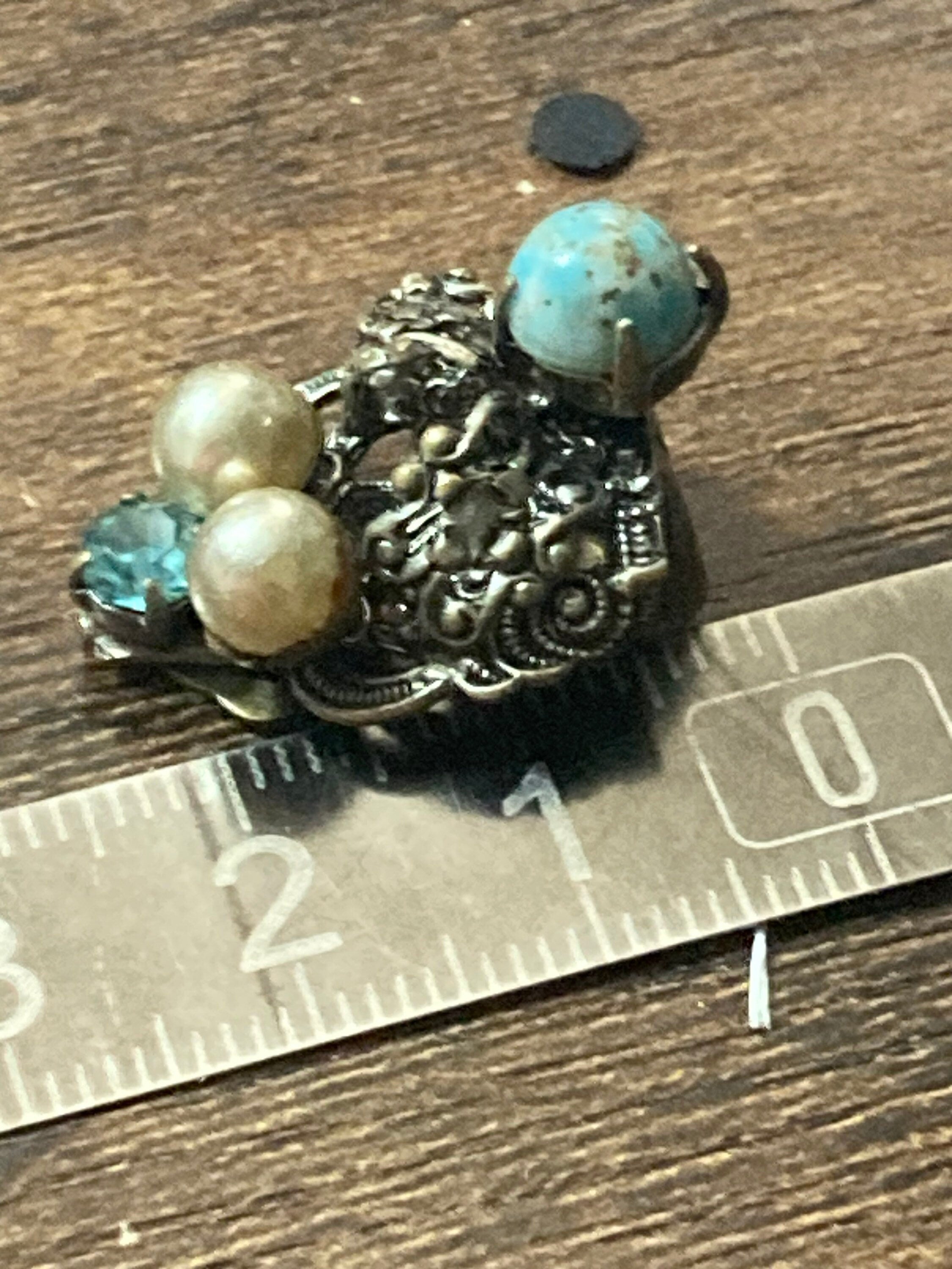 Filigree Clip on stud earrings with faux pearl turquoise cabochon and blue paste Vintage Czech