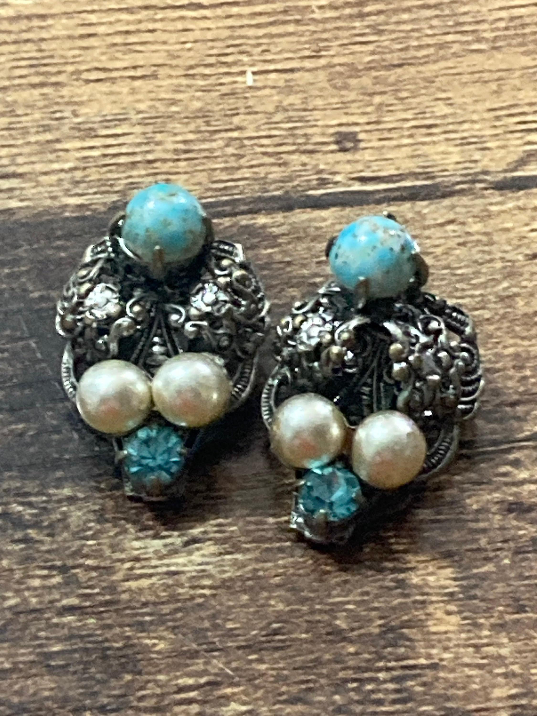 Filigree Clip on stud earrings with faux pearl turquoise cabochon and blue paste Vintage Czech