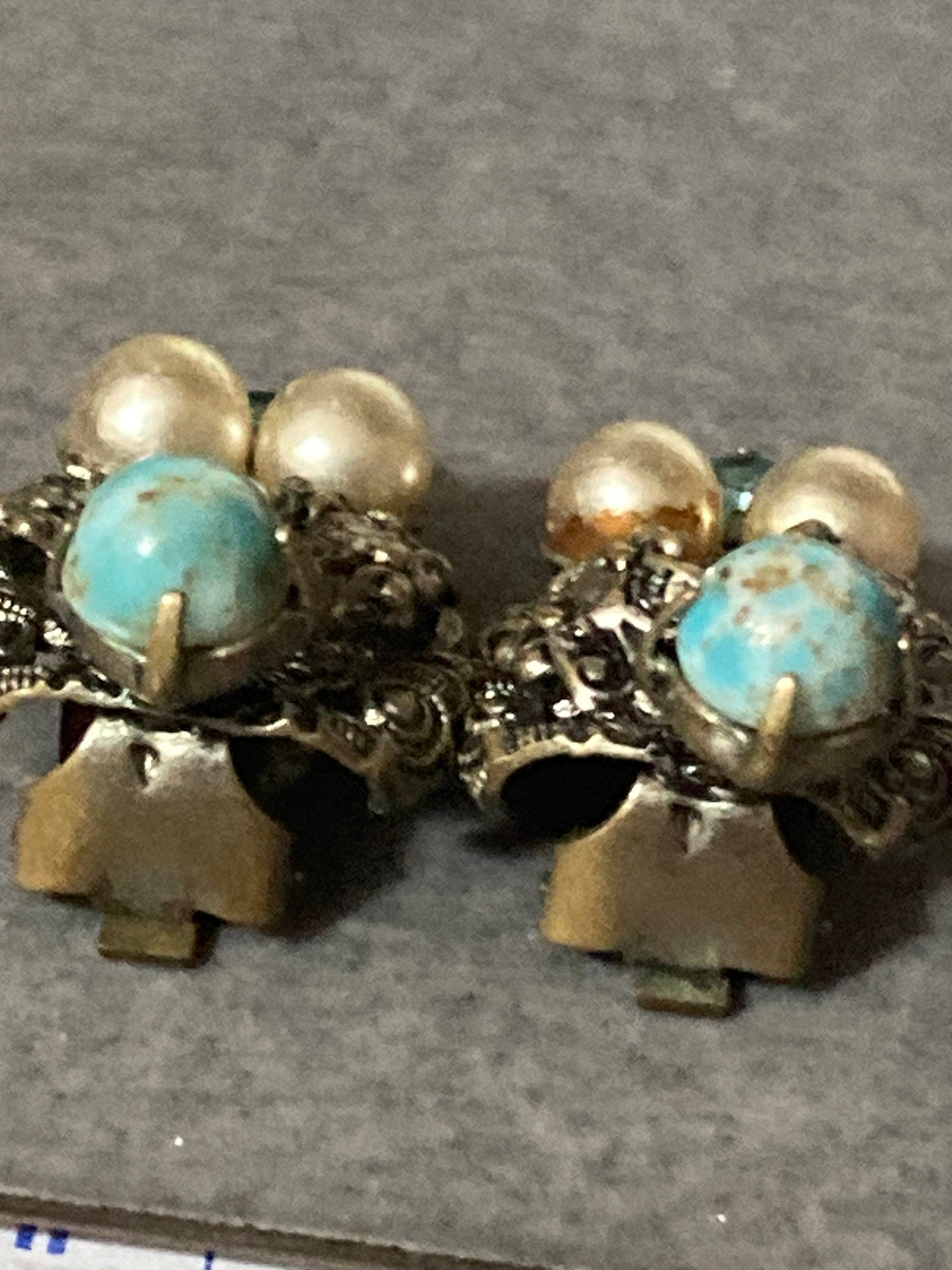 Filigree Clip on stud earrings with faux pearl turquoise cabochon and blue paste Vintage Czech