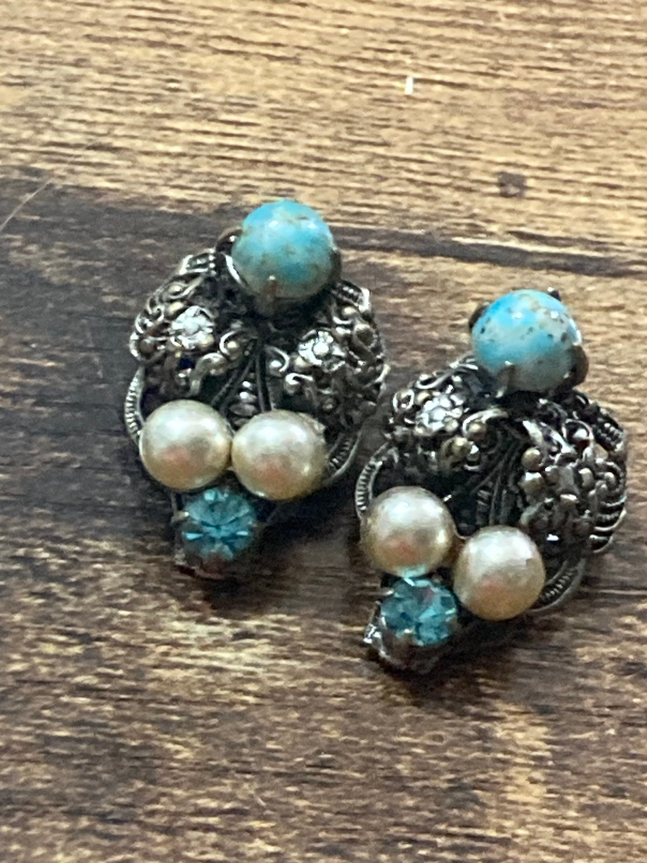 Filigree Clip on stud earrings with faux pearl turquoise cabochon and blue paste Vintage Czech