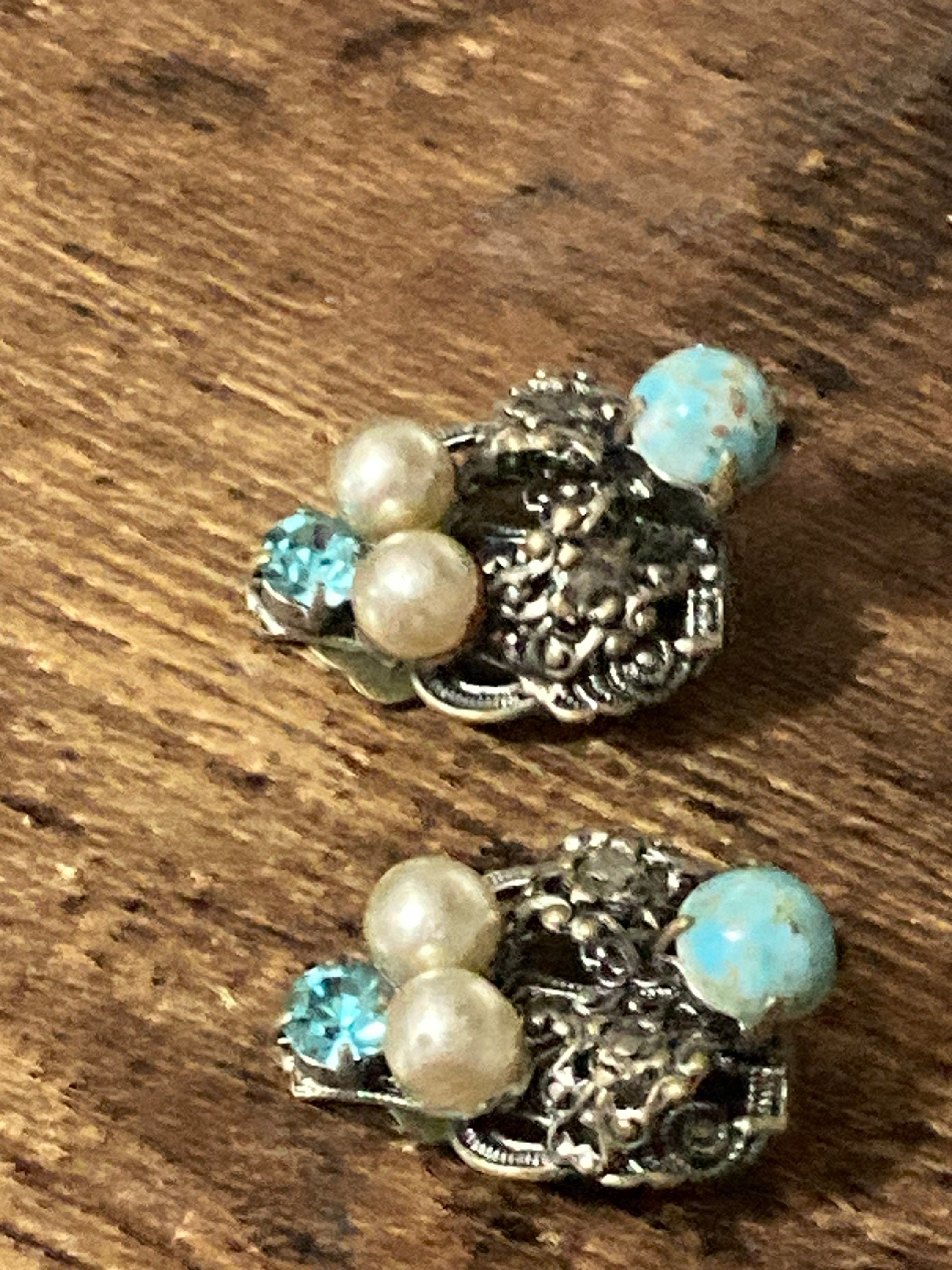 Filigree Clip on stud earrings with faux pearl turquoise cabochon and blue paste Vintage Czech