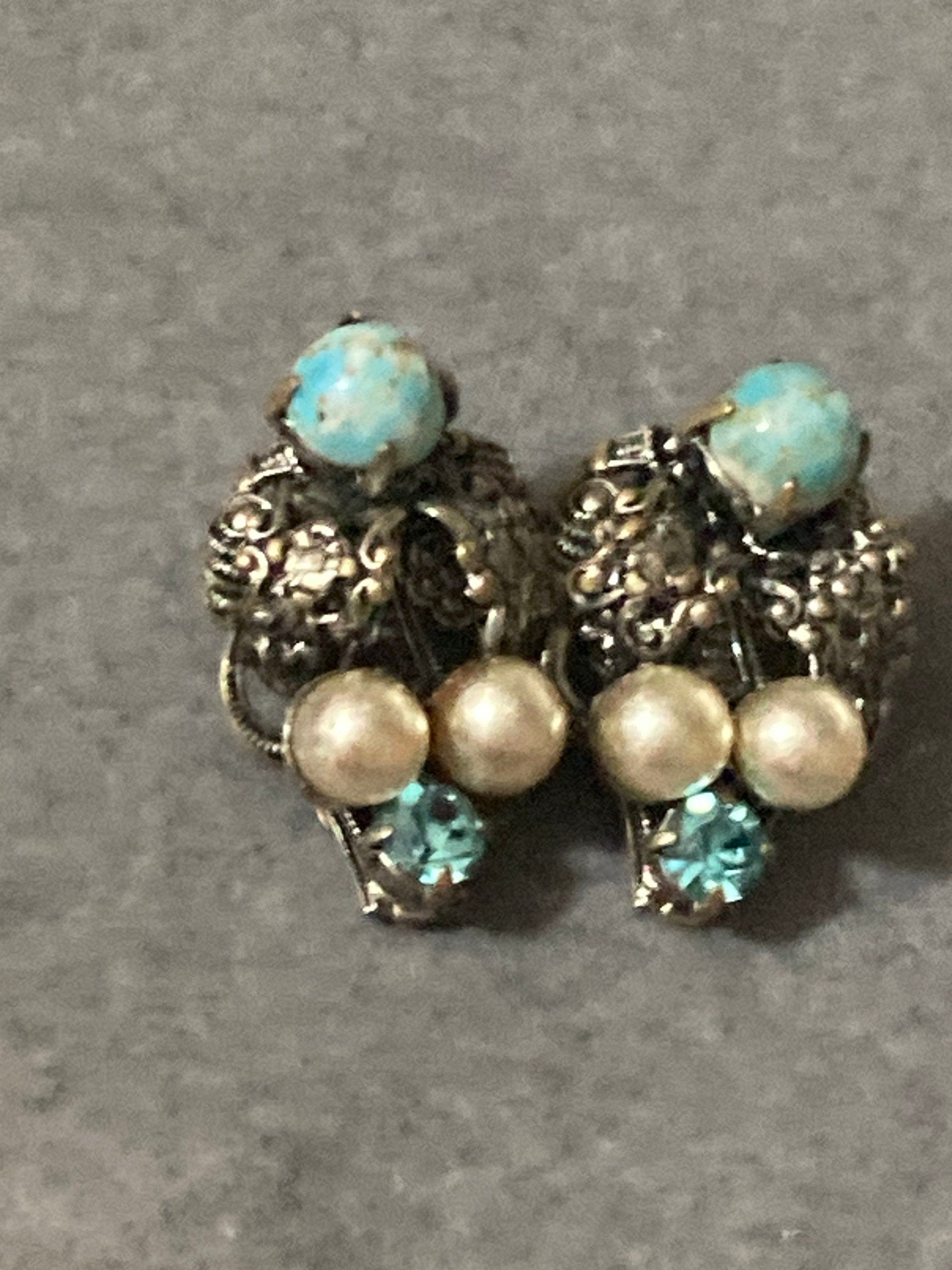 Filigree Clip on stud earrings with faux pearl turquoise cabochon and blue paste Vintage Czech