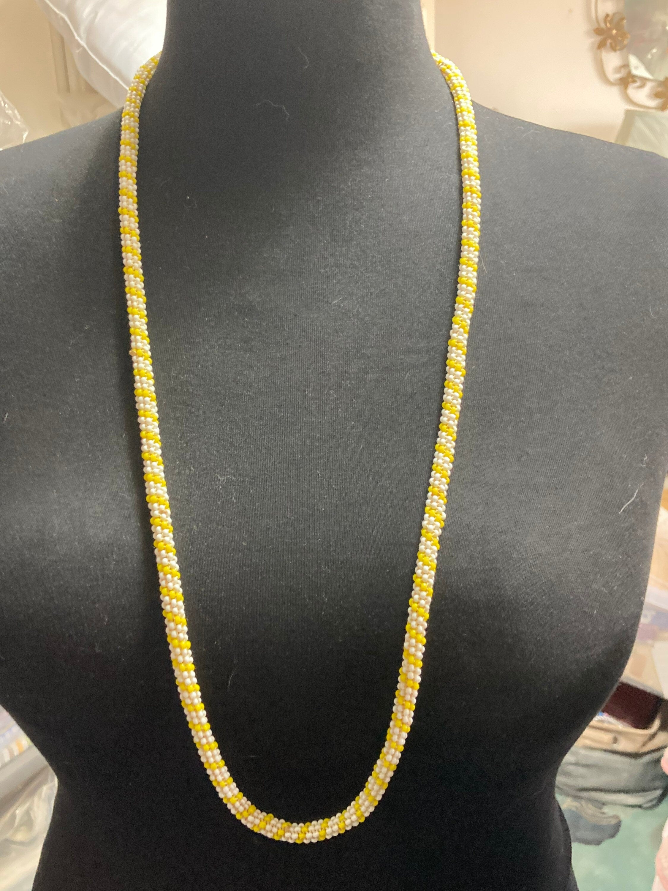 Vintage yellow & white glass seed bead necklace long length