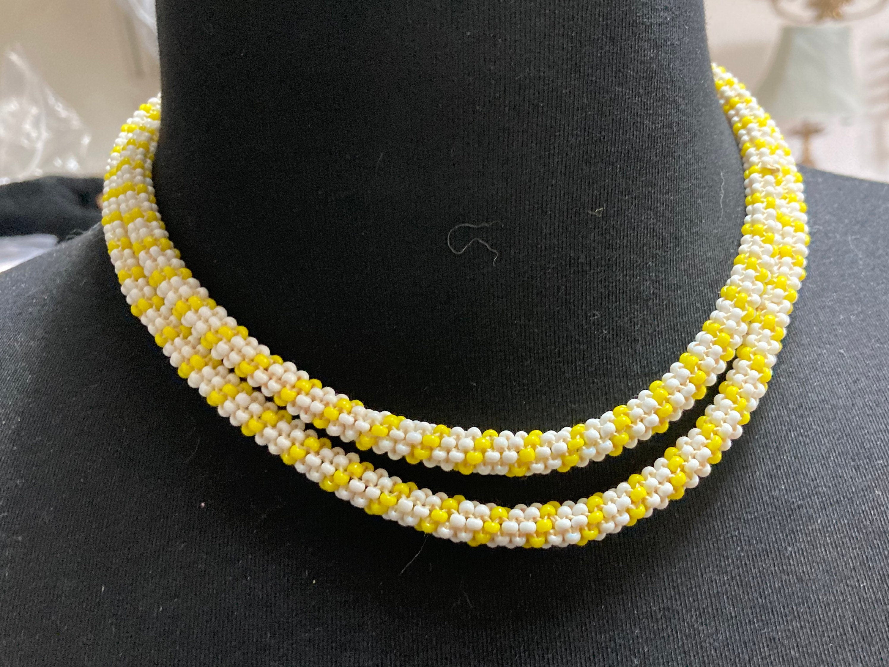 Vintage yellow & white glass seed bead necklace long length