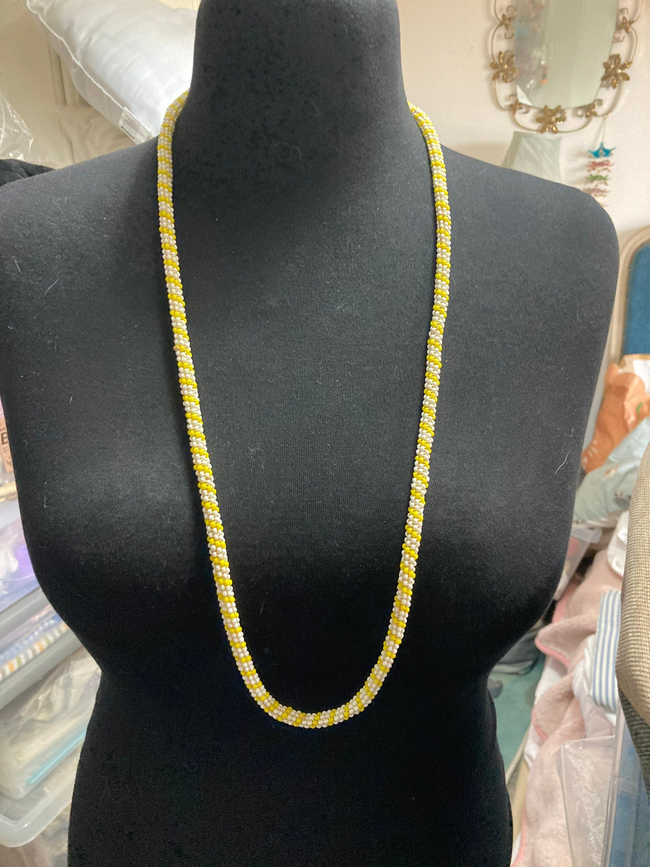 Vintage yellow & white glass seed bead necklace long length