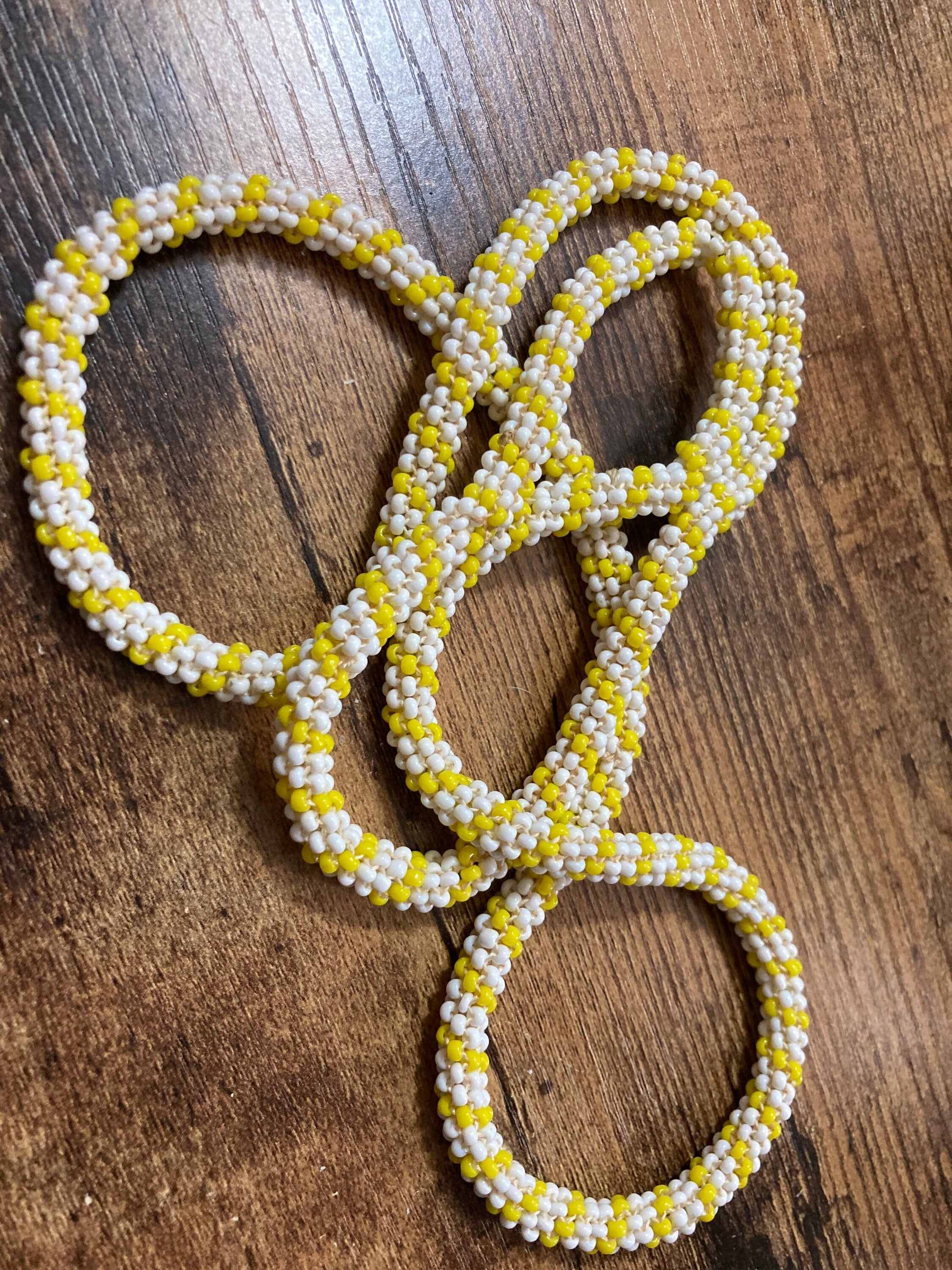 Vintage yellow & white glass seed bead necklace long length