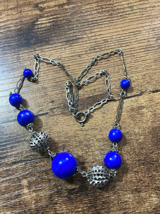 Art Deco czech chrome silver necklace with cobalt blue glass beaded stones