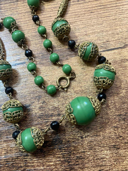 Art Deco czech gold tone brass filigree green ceramic beaded necklace 41cm