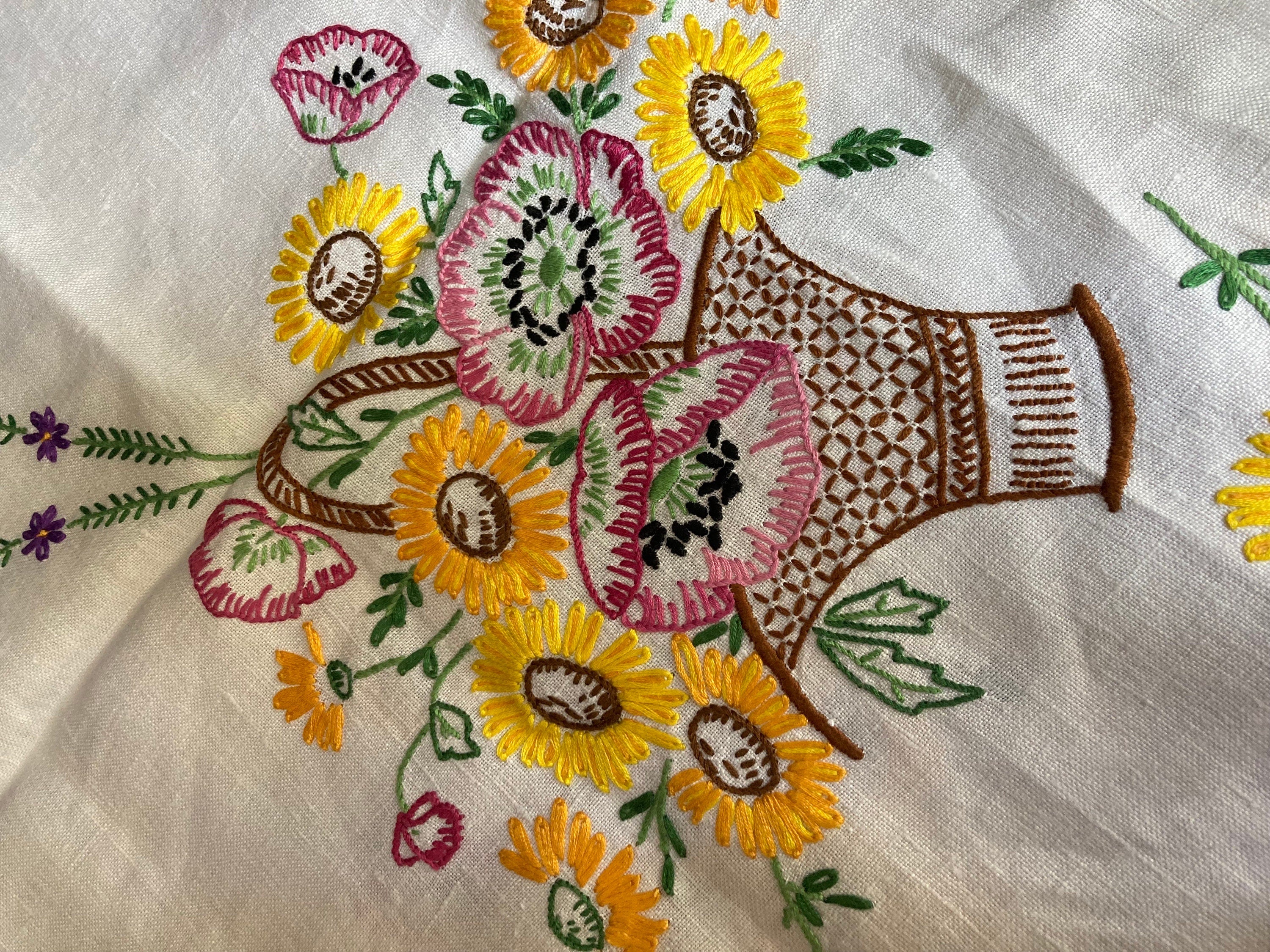 Extra Large square Vintage embroidered floral tablecloth yellow sunflowers