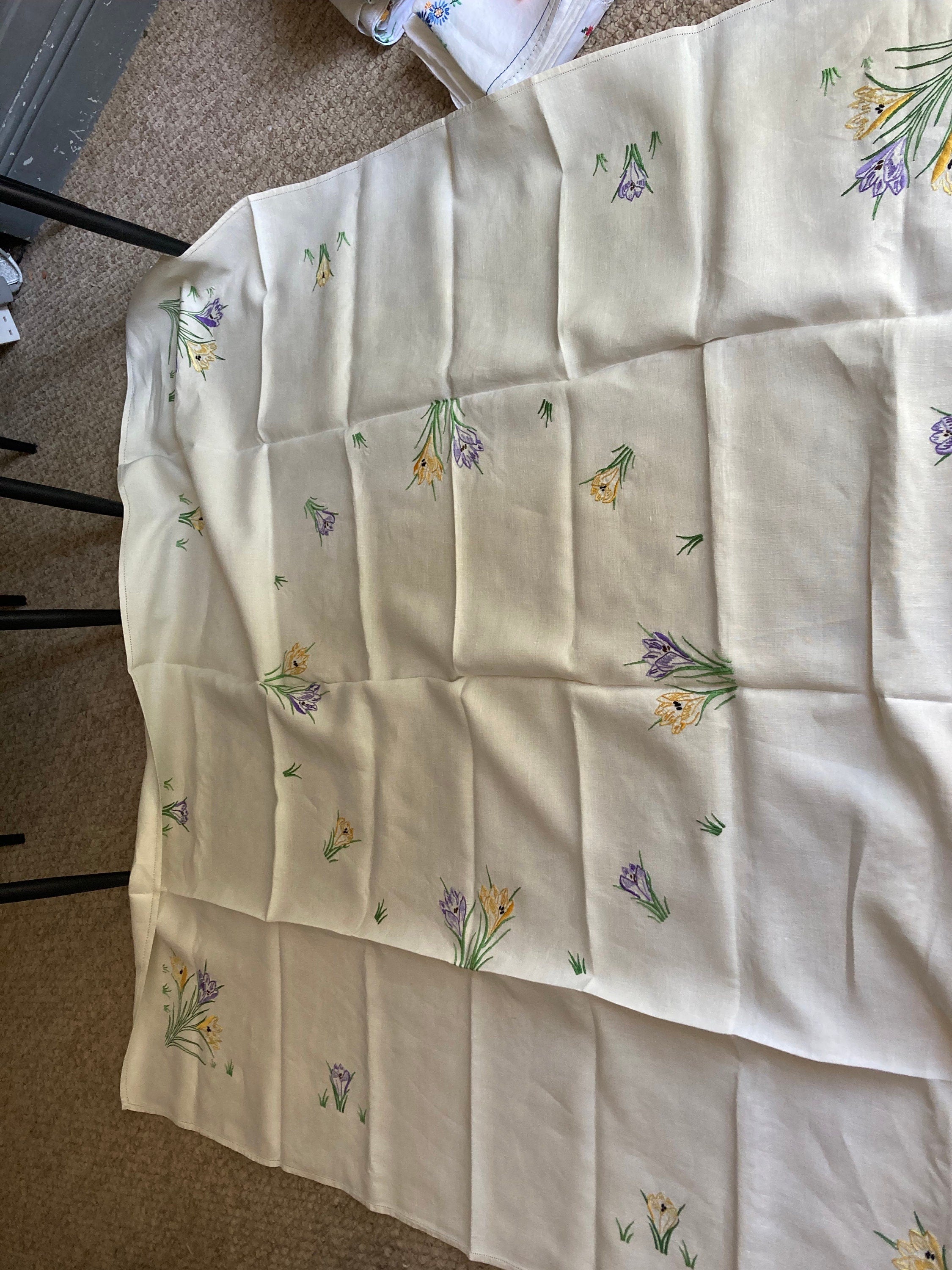 Extra Large square Vintage embroidered floral tablecloth spring crocus flowers