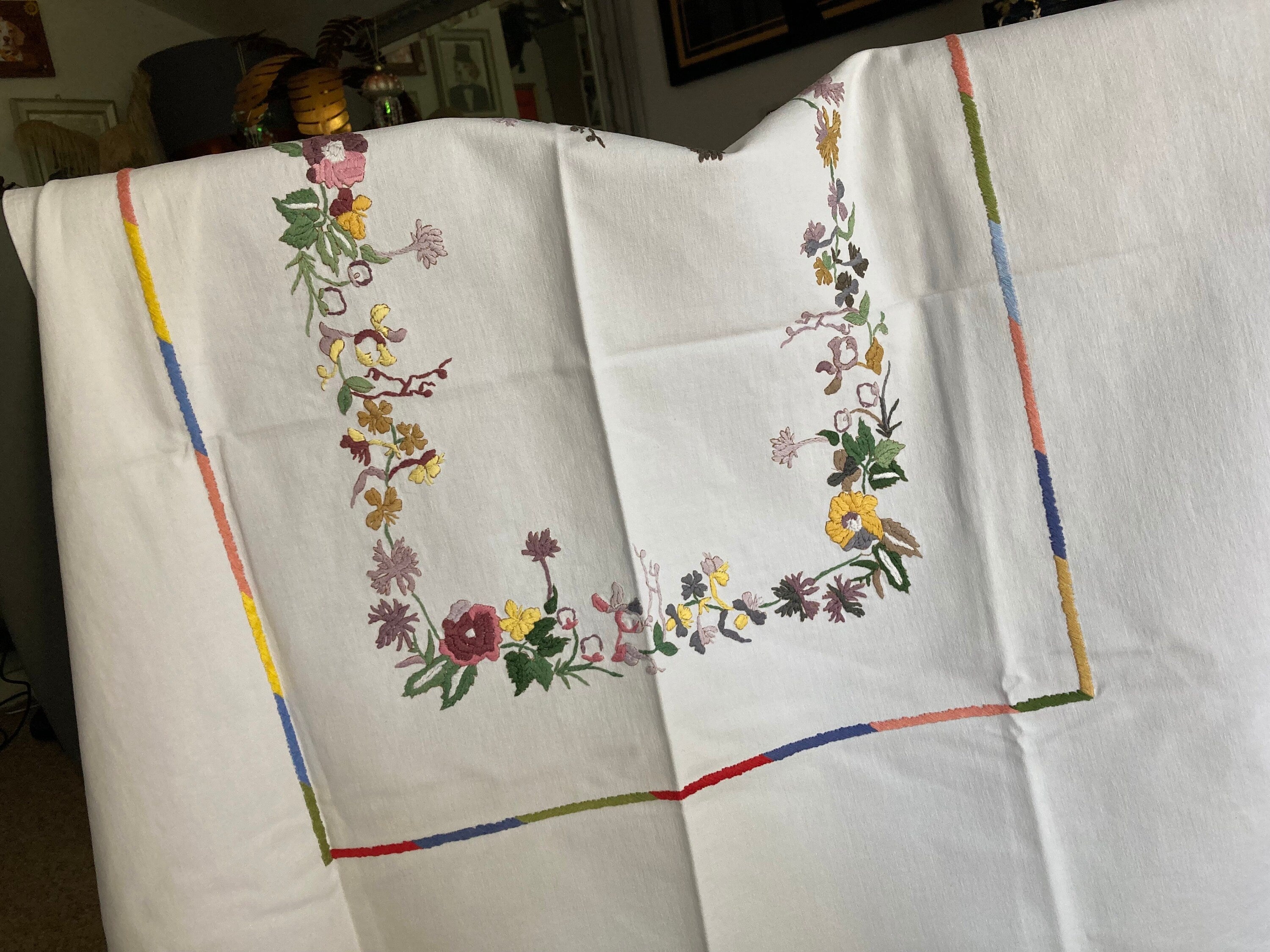 Large 33” square white Vintage embroidered blue yellow peach floral tablecloth