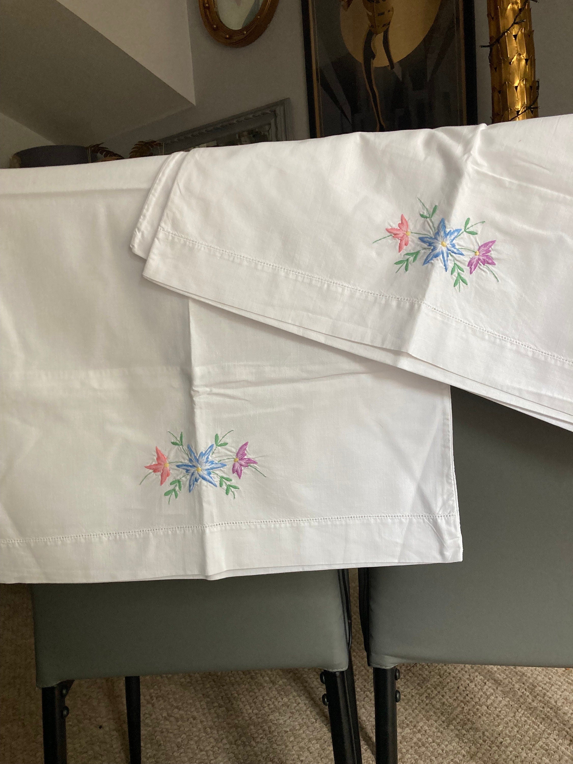 Vintage embroidered floral pair of pillowcases pink green blue pastels