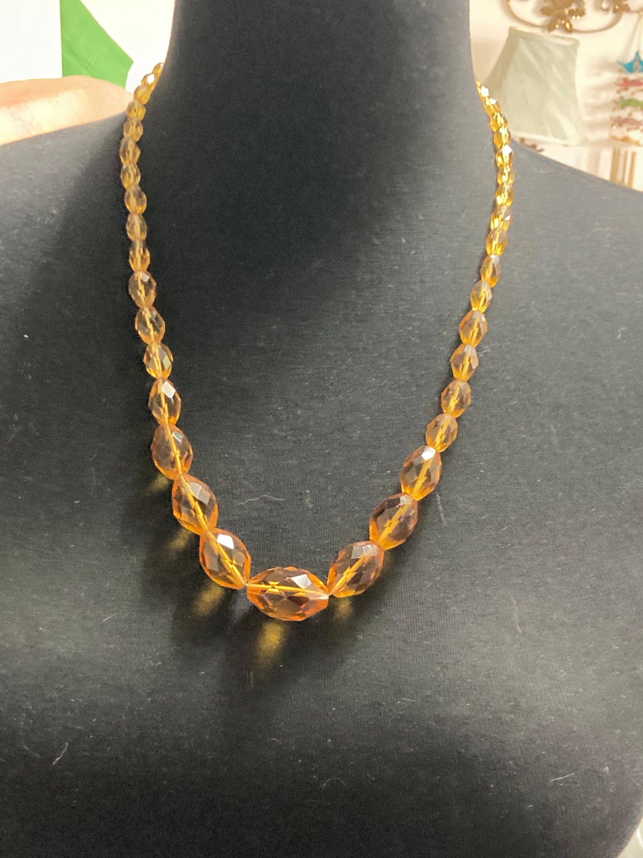 Antique 1920s pale amber orange citrine coloured glass Art Deco beaded necklace