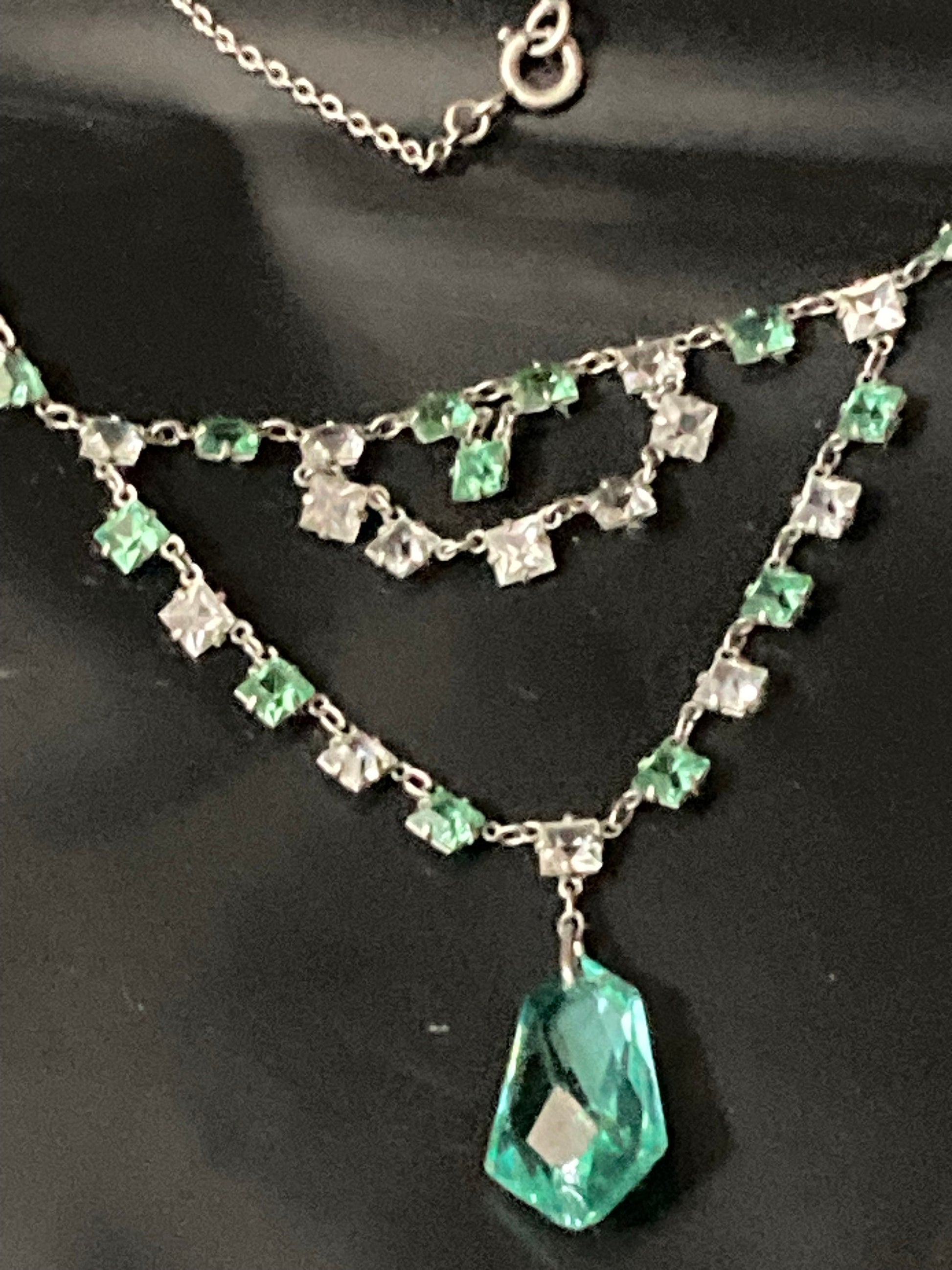 Art Deco Czech Open Back emerald green clear Crystal Silver Necklace