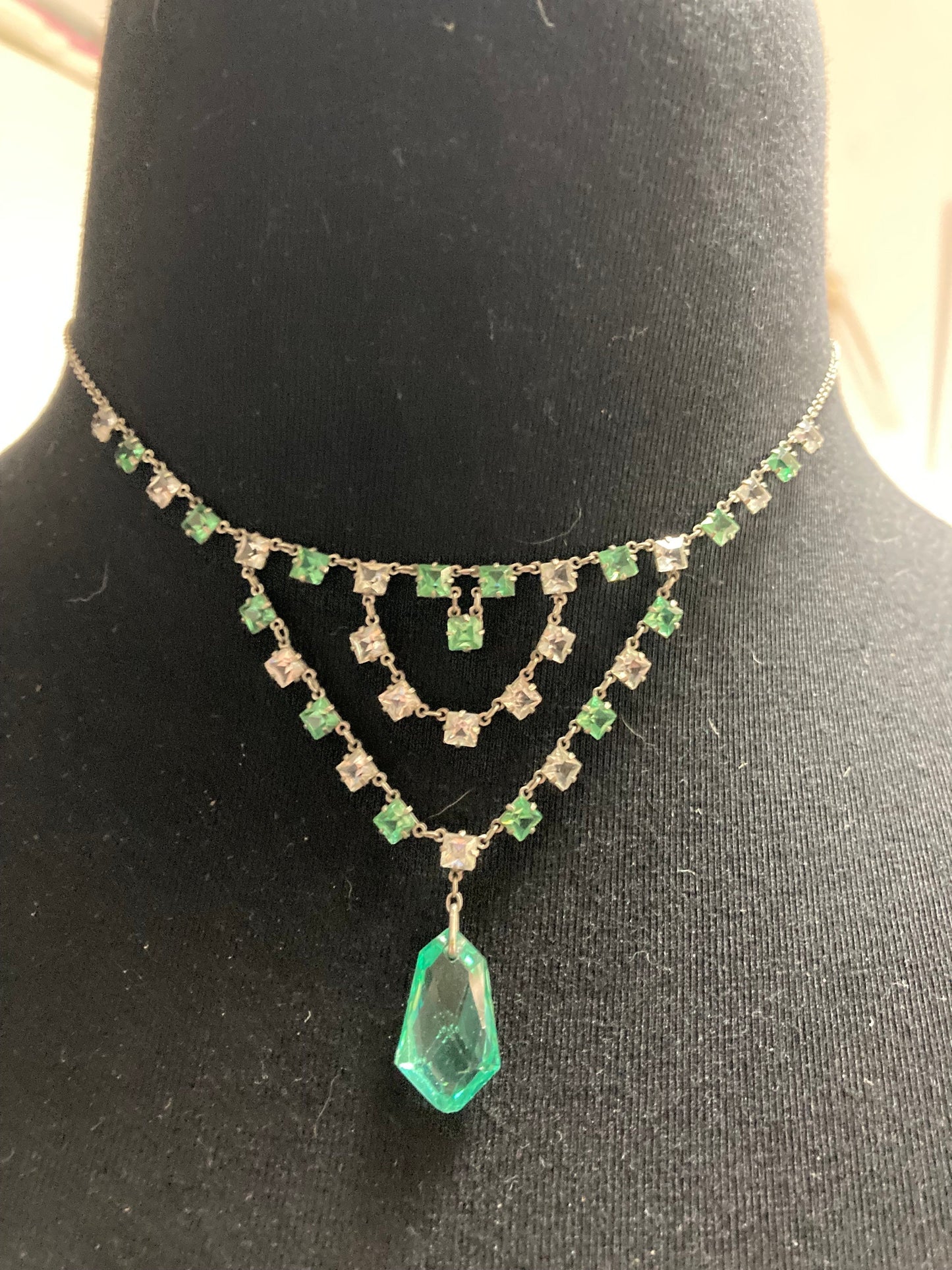 Art Deco Czech Open Back emerald green clear Crystal Silver Necklace