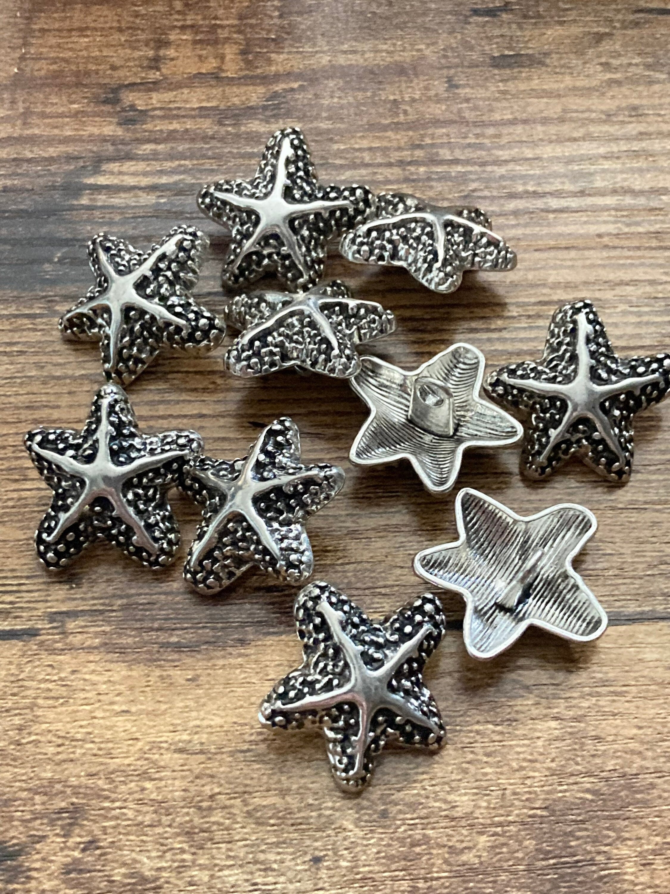 Pack 10 23mm silver starfish buttons with metal shank nautical