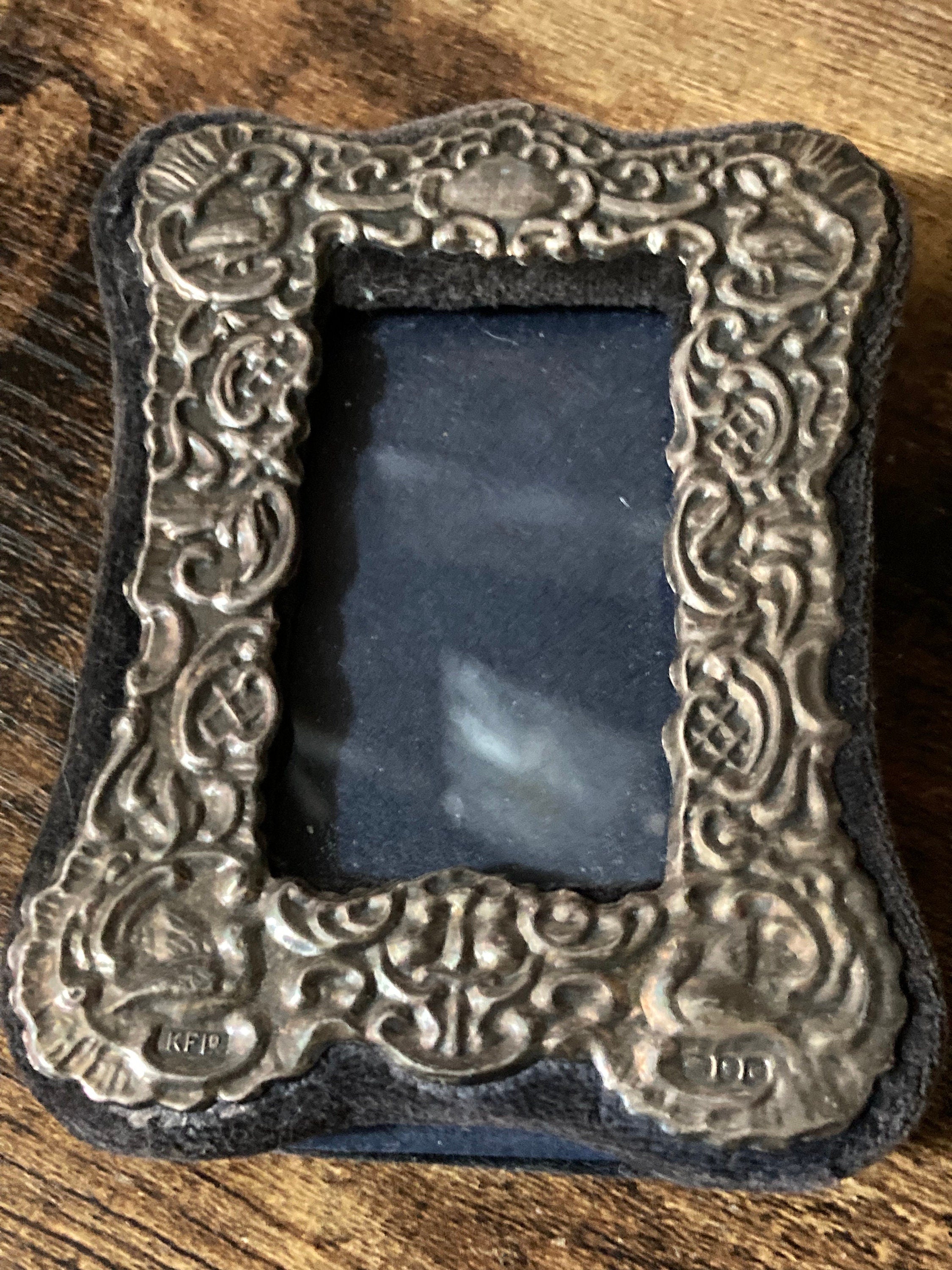 miniature silver picture photo frame embossed full hallmarks 9cm x 6 cm blue velvet back