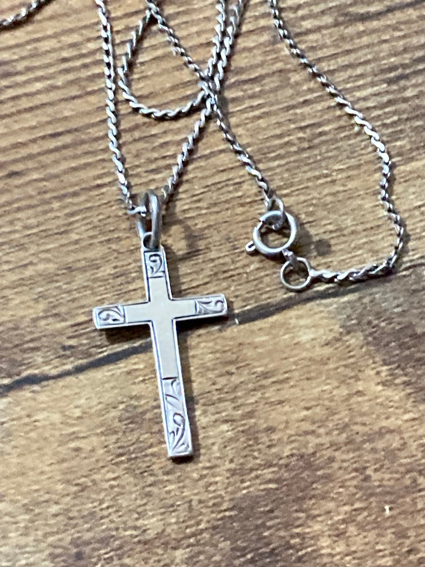 925 Sterling silver etched religious cross pendant necklace on chain