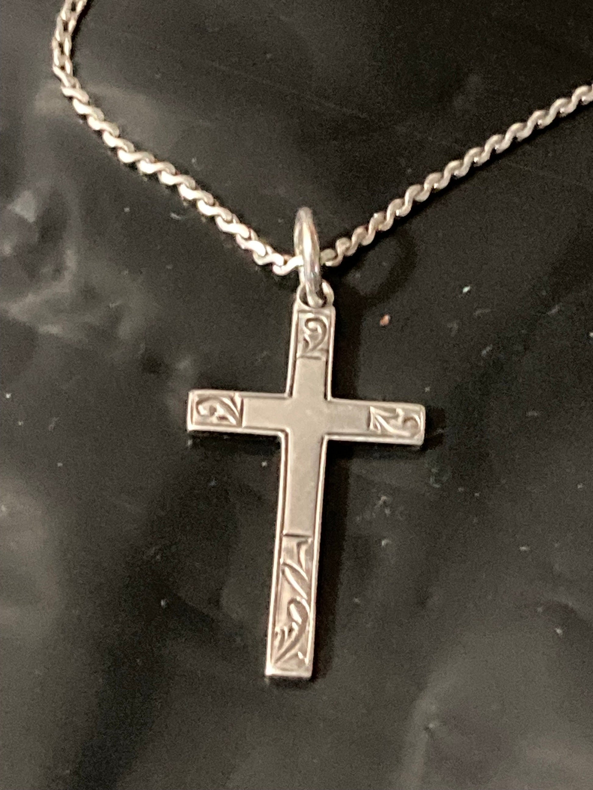 925 Sterling silver etched religious cross pendant necklace on chain