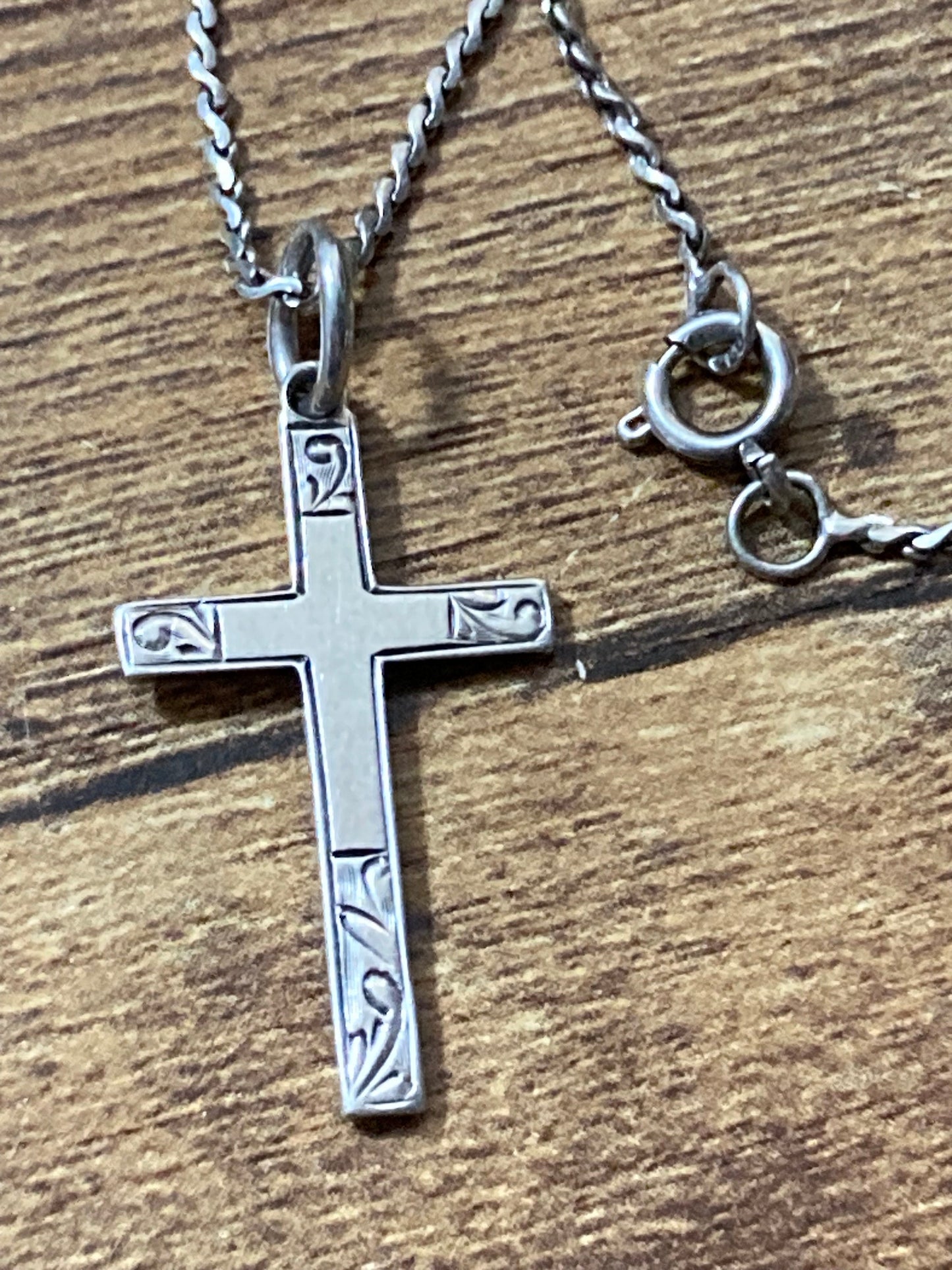 925 Sterling silver etched religious cross pendant necklace on chain