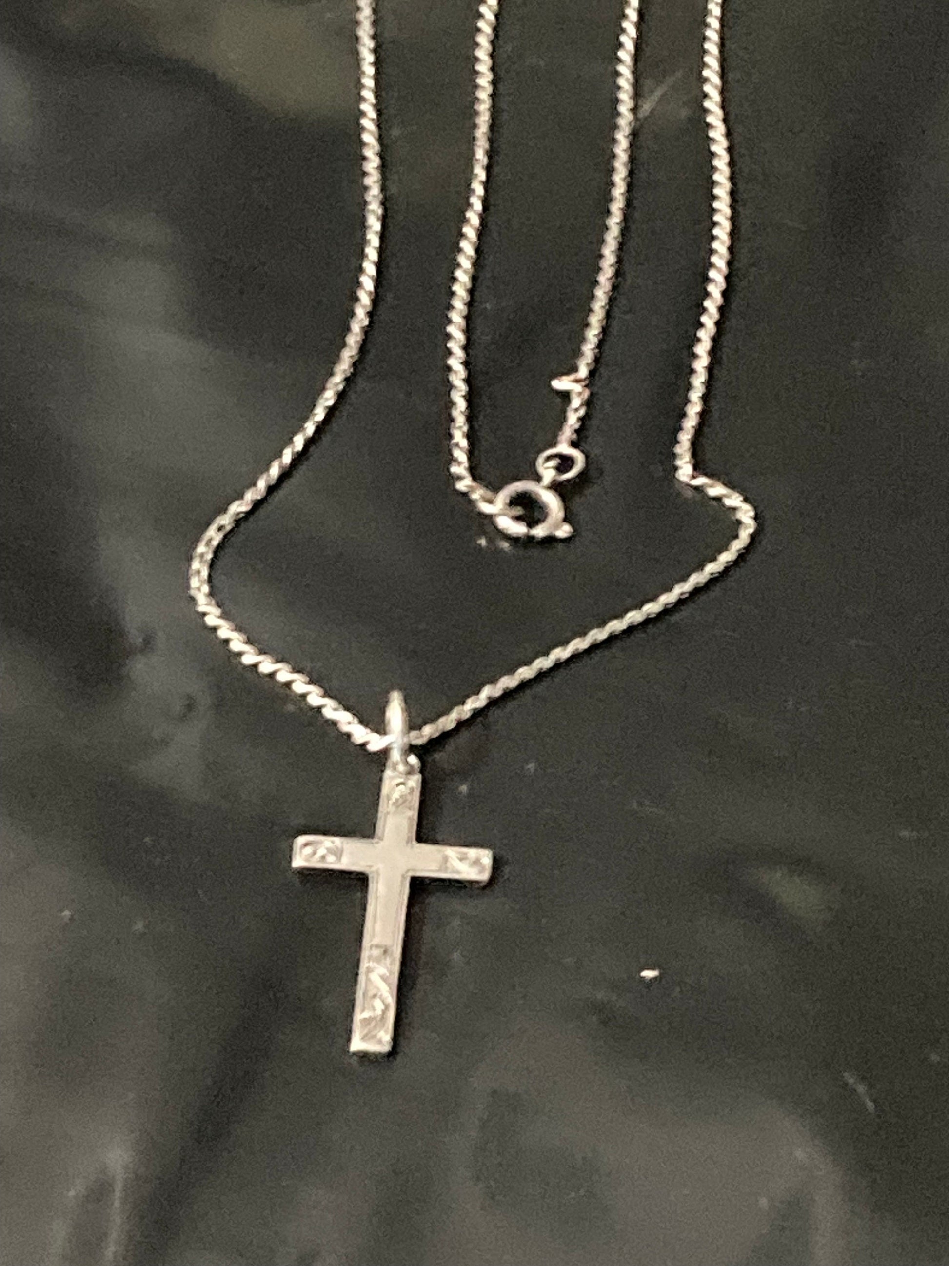 925 Sterling silver etched religious cross pendant necklace on chain