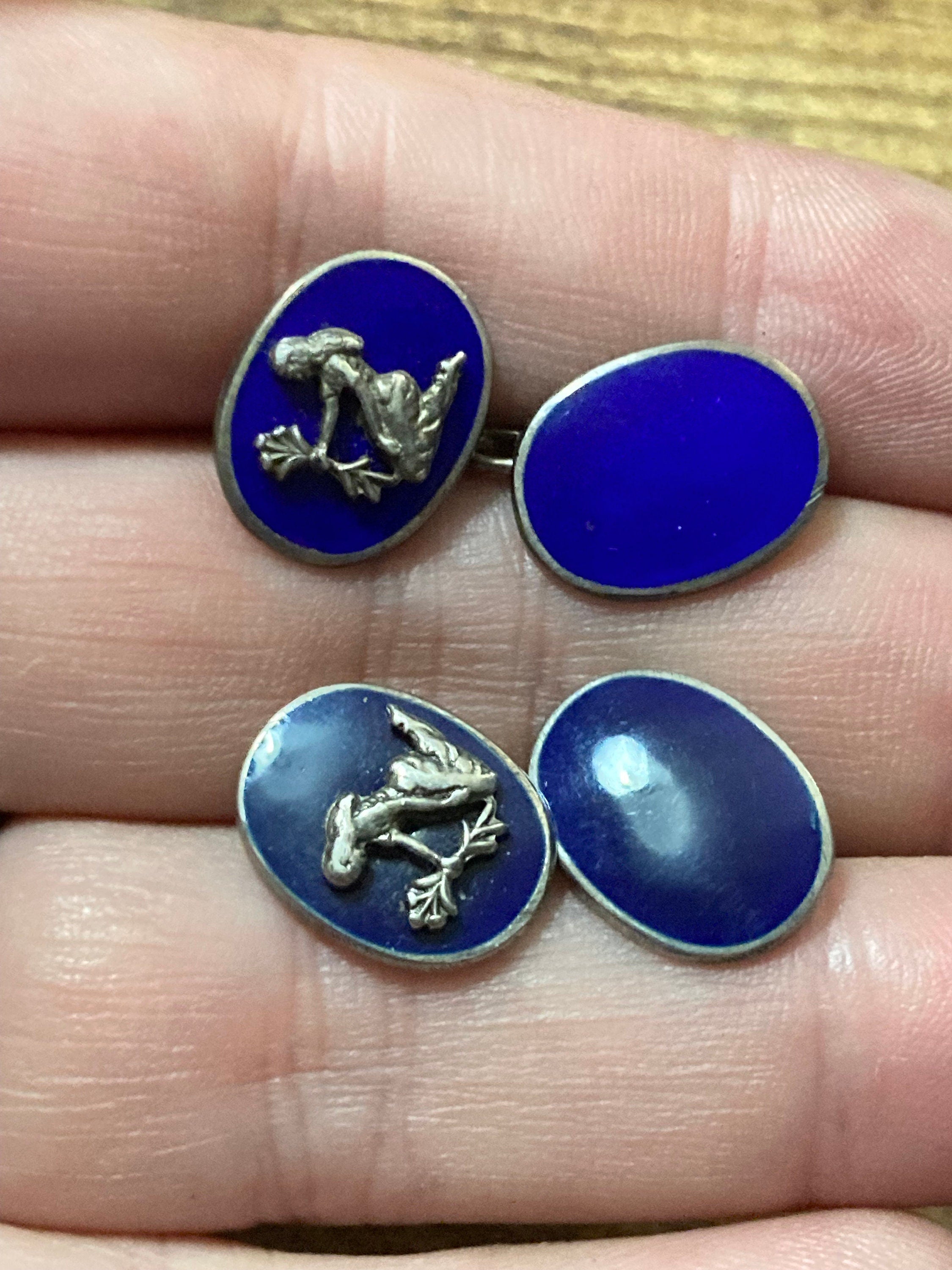 925 sterling silver blue guilloche enamel cufflinks