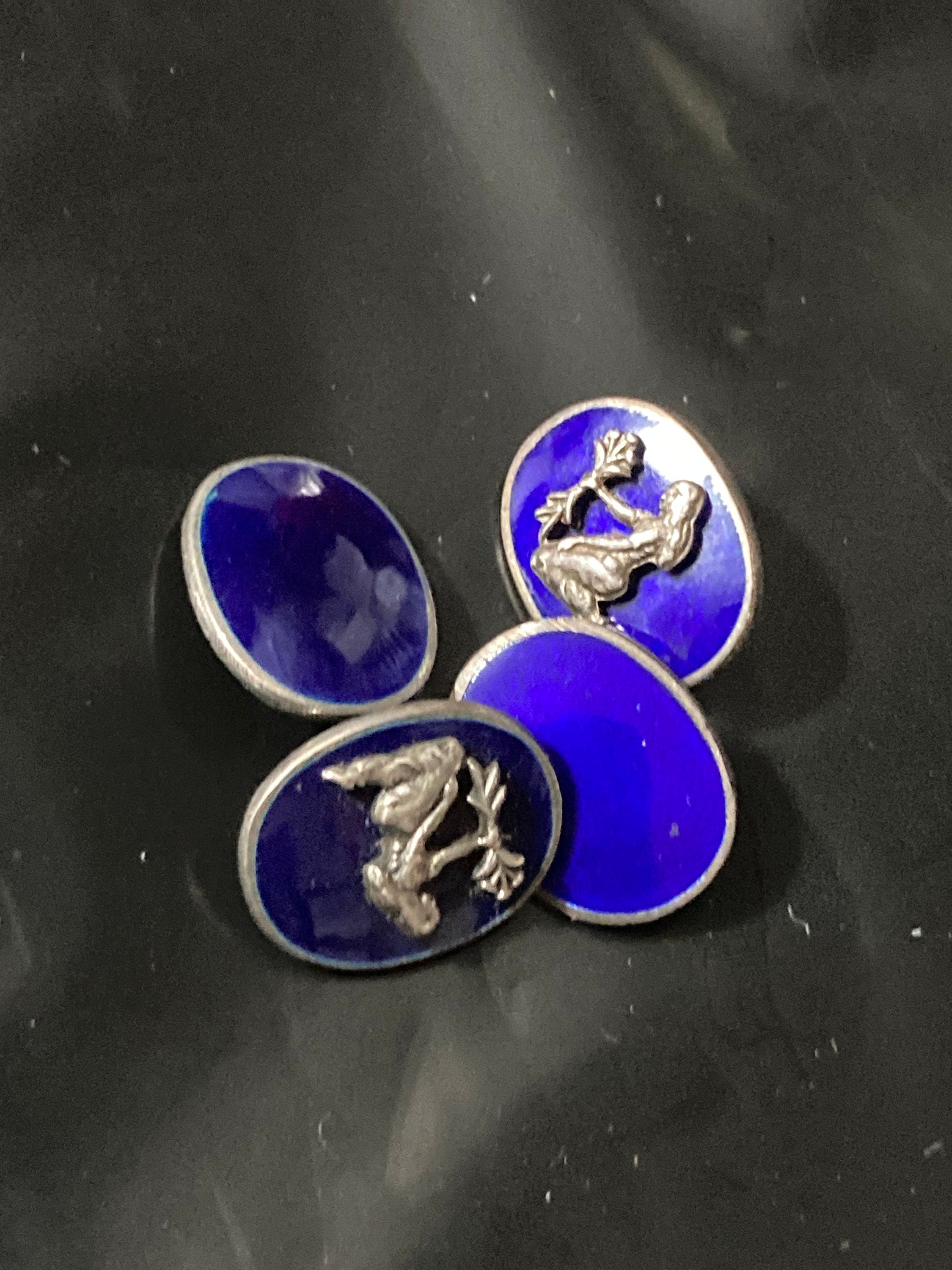 925 sterling silver blue guilloche enamel cufflinks