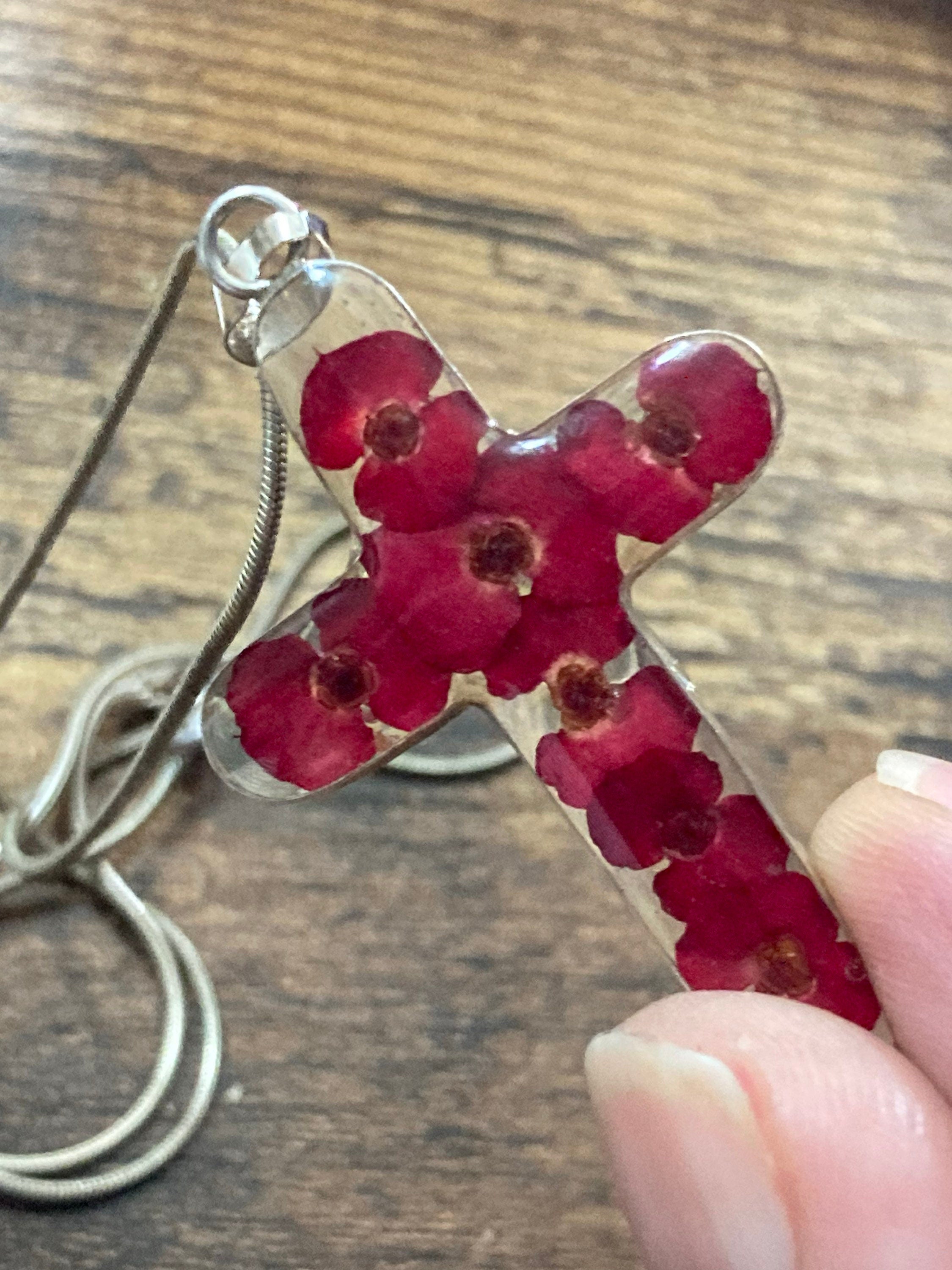 925 Sterling silver with red flowers in resin religious cross pendant necklace on chain