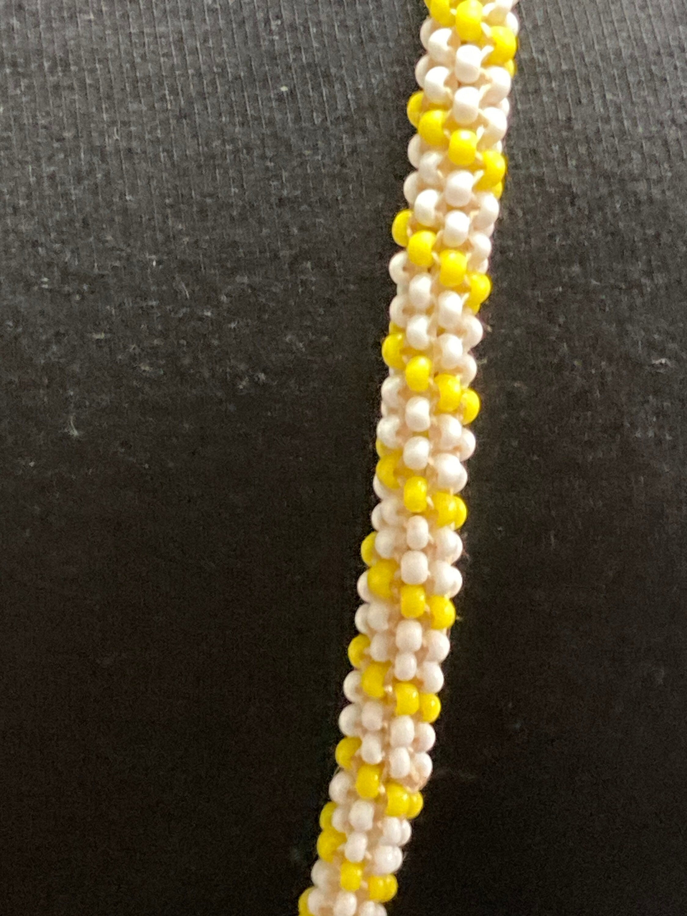 Vintage yellow & white glass seed bead necklace long length