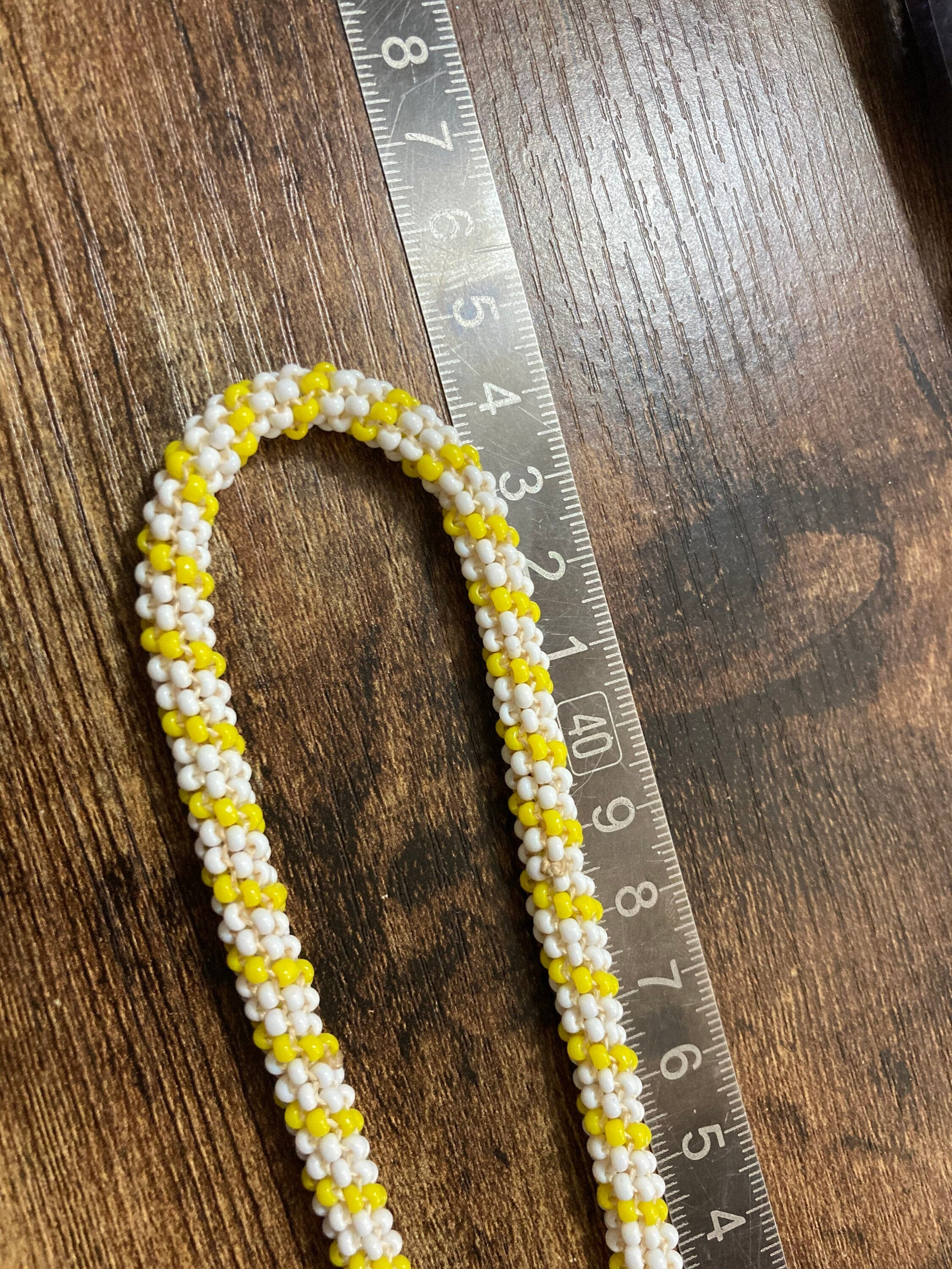 Vintage yellow & white glass seed bead necklace long length