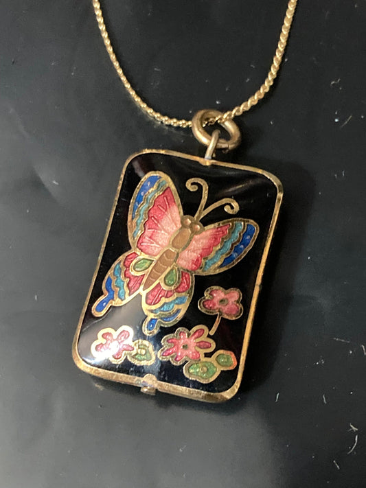 Black pink butterfly cloisonné enamel Chinese beaded pendant necklace with new gold tone chain