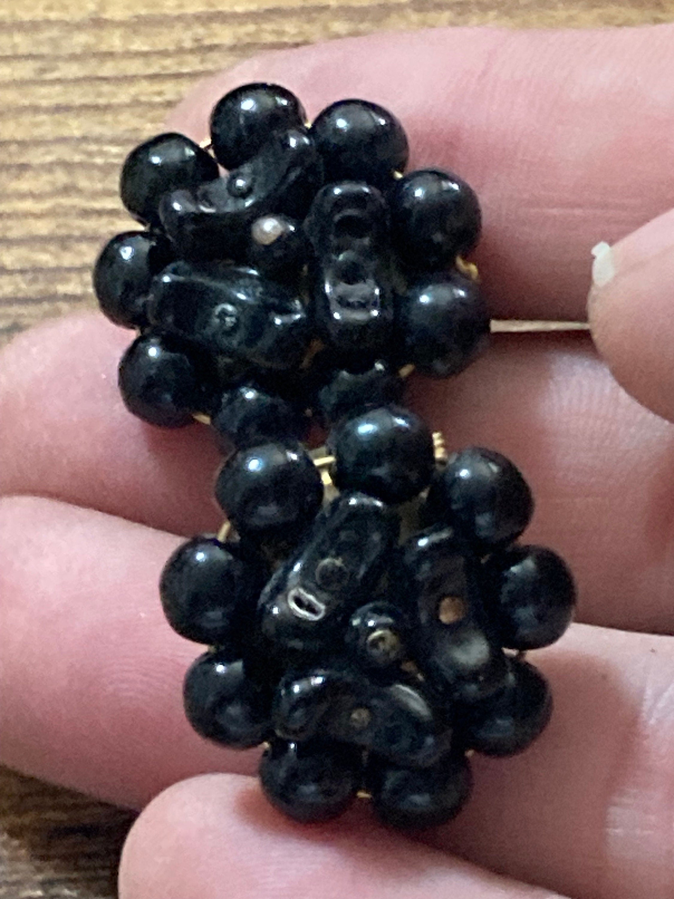 Vintage 1950s Funky black glass beaded Cluster Clip On Earrings