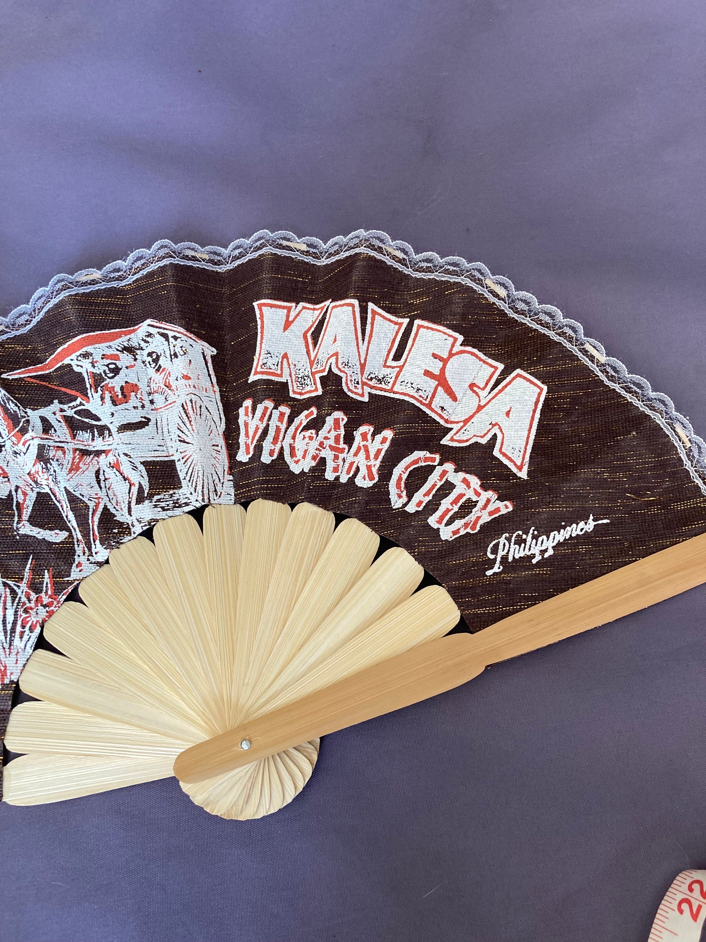 Vintage souvenir of Philippines vigan city fabric and lace Ladies Hand Held Fan brown wooden