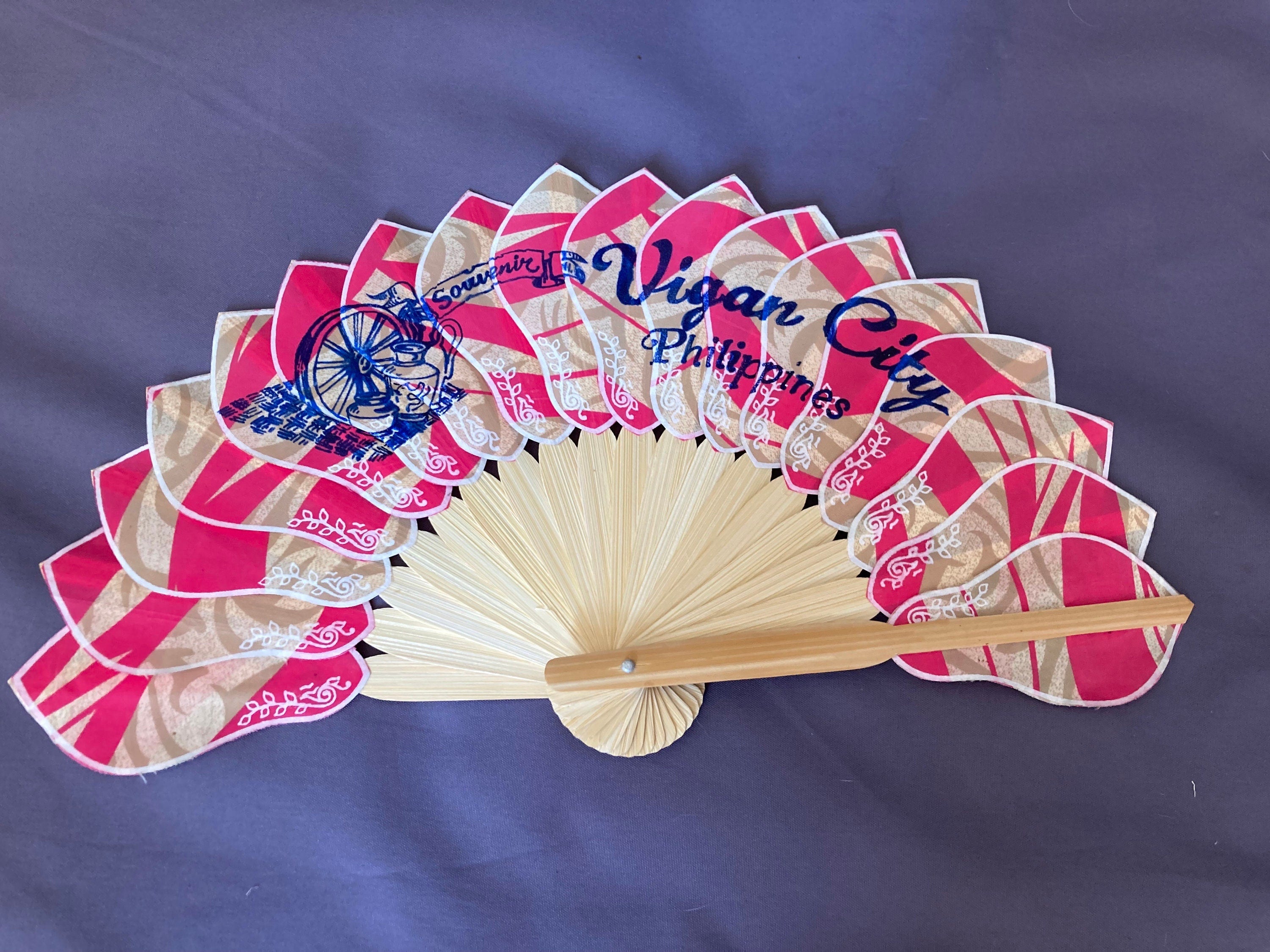 Vintage souvenir of Philippines vigan city bright pink fabric Ladies Hand Held Fan wooden