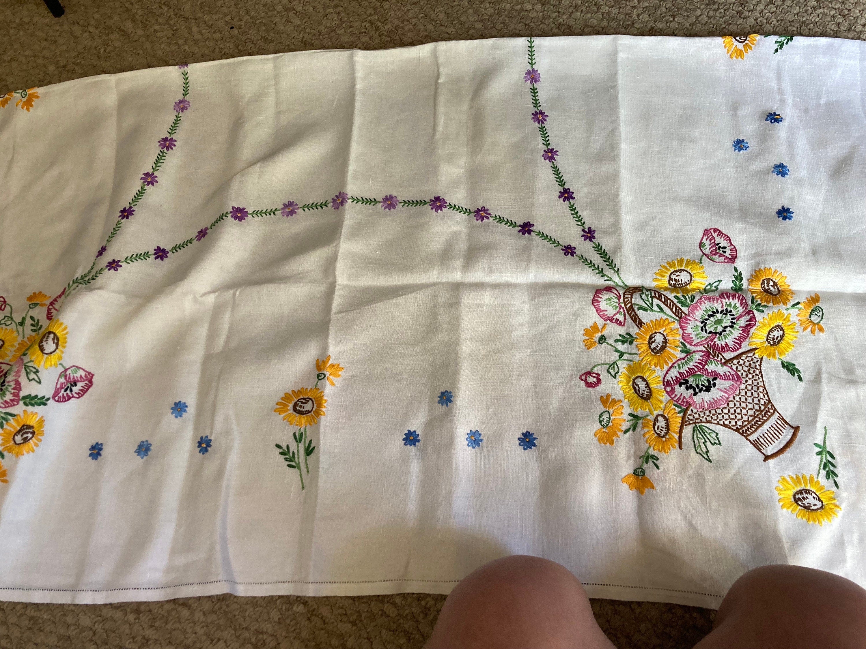 Extra Large square Vintage embroidered floral tablecloth yellow sunflowers