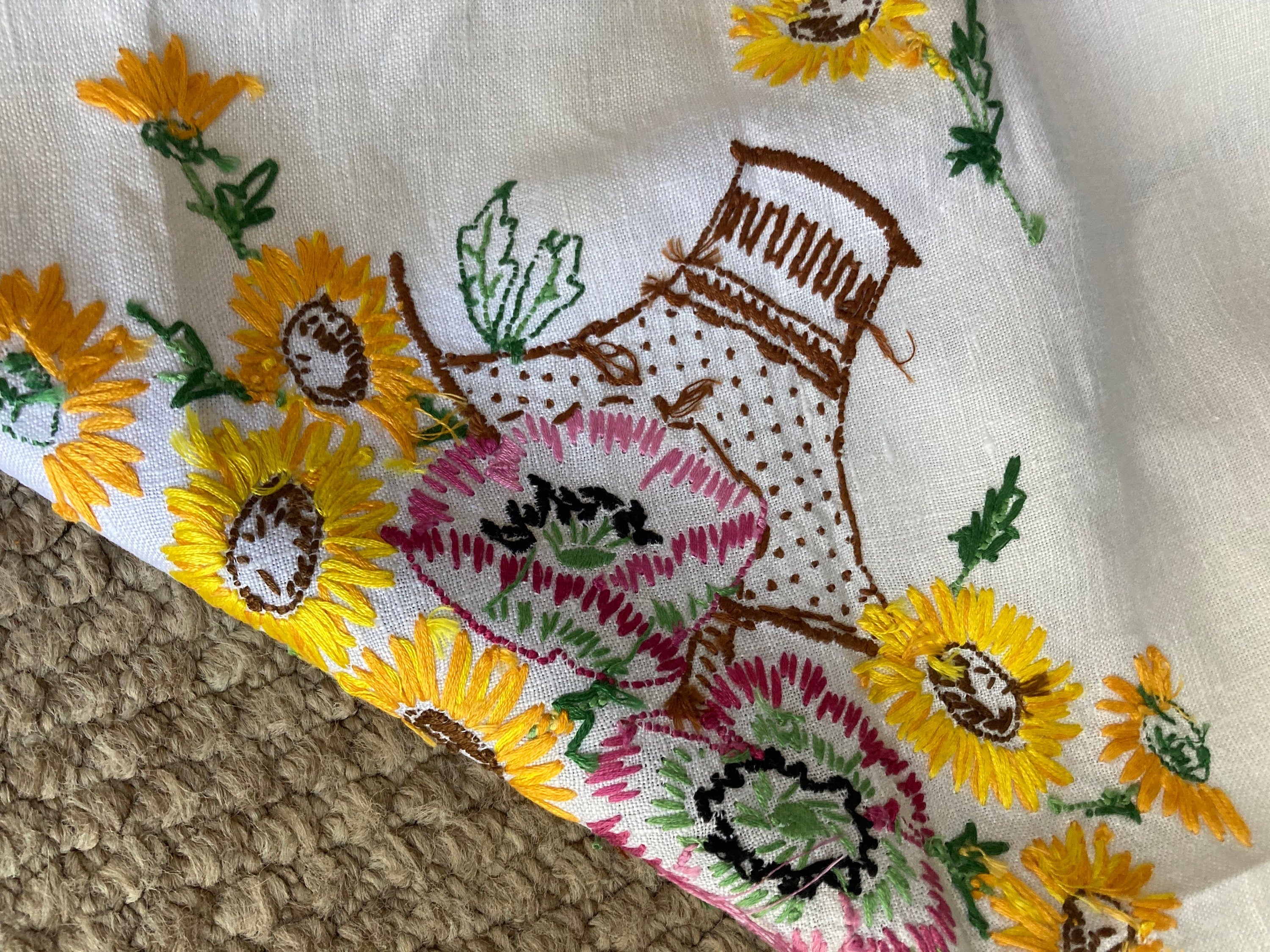 Extra Large square Vintage embroidered floral tablecloth yellow sunflowers