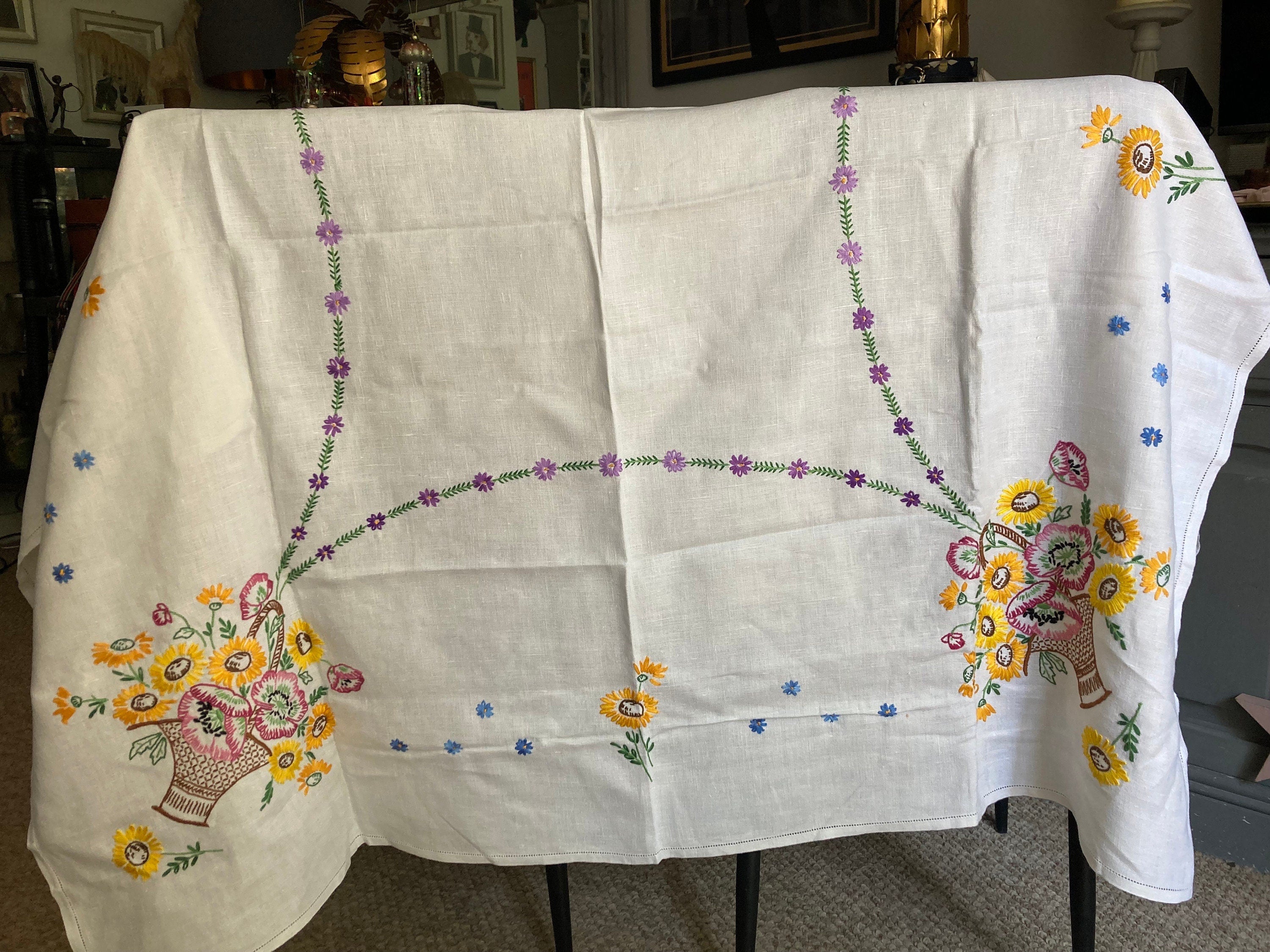 Extra Large square Vintage embroidered floral tablecloth yellow sunflowers