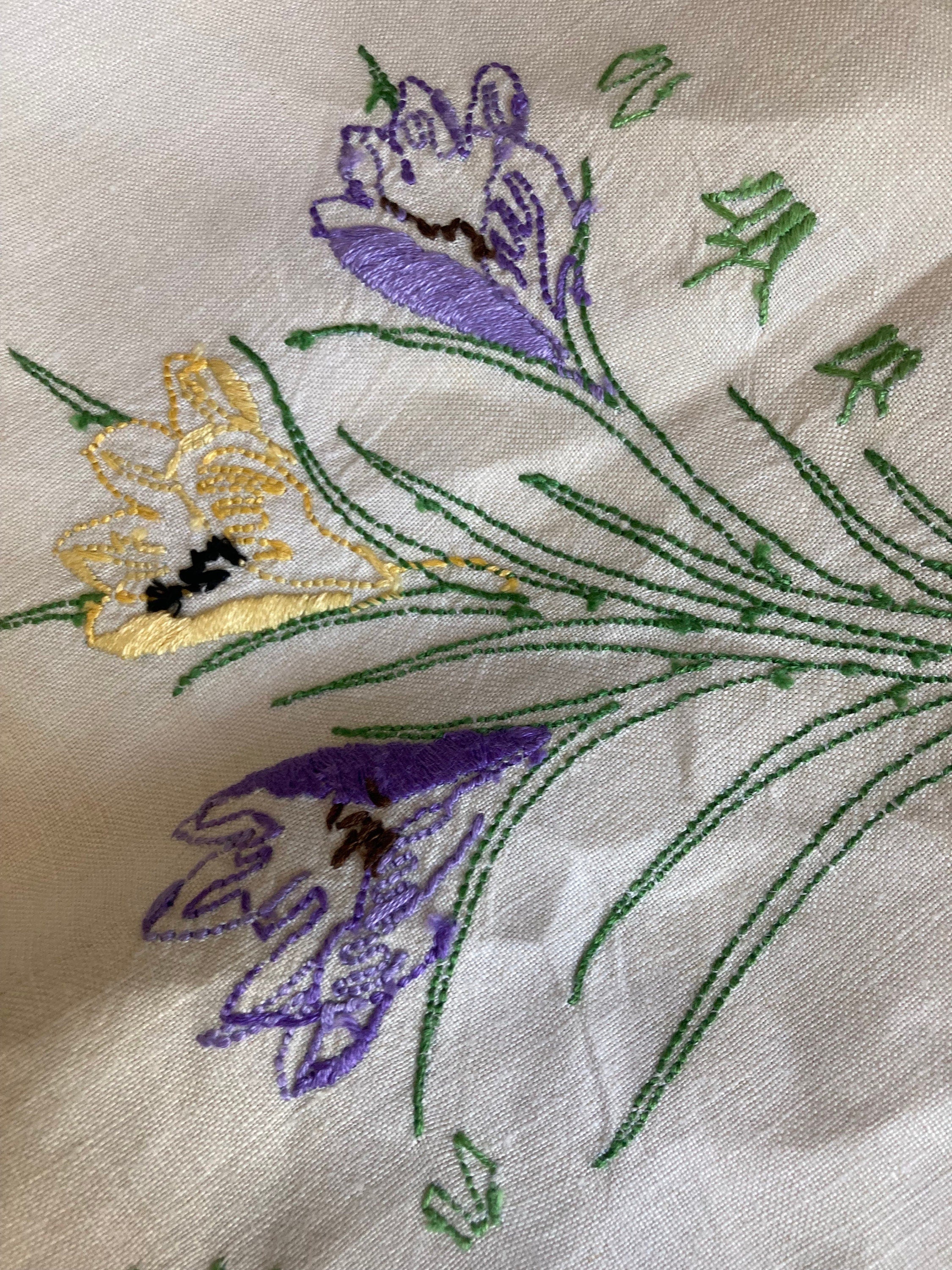 Extra Large square Vintage embroidered floral tablecloth spring crocus flowers