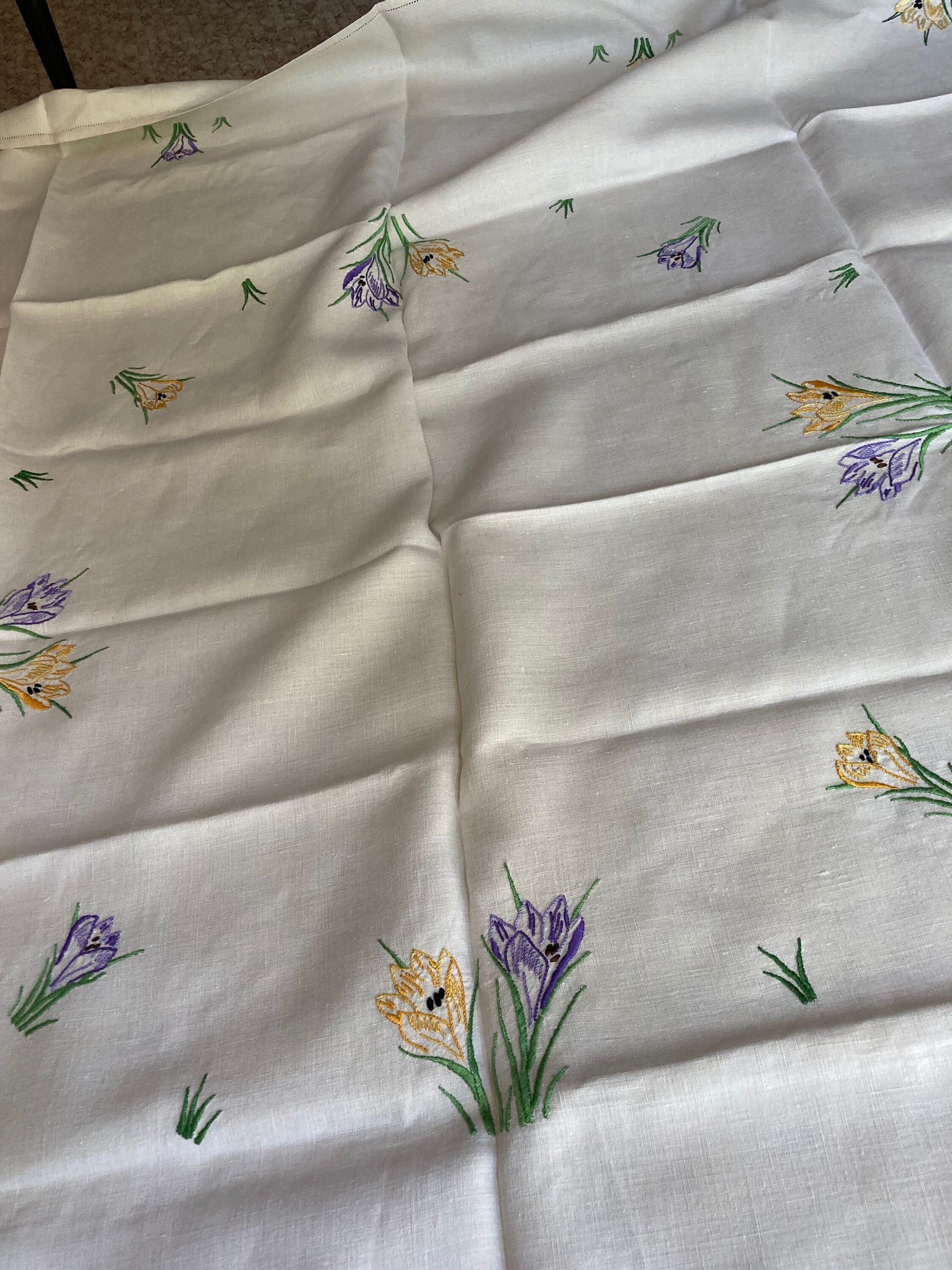 Extra Large square Vintage embroidered floral tablecloth spring crocus flowers