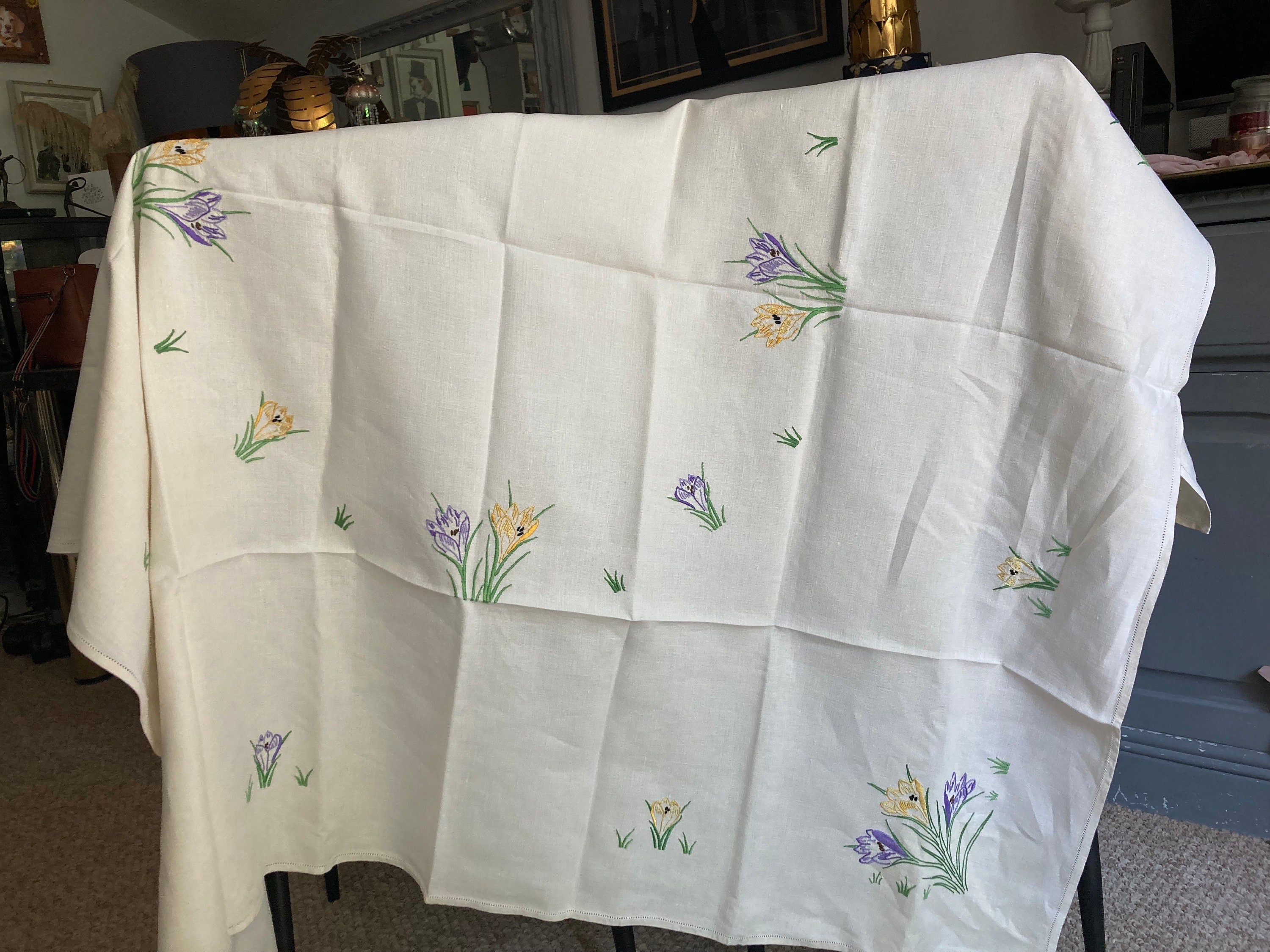 Extra Large square Vintage embroidered floral tablecloth spring crocus flowers