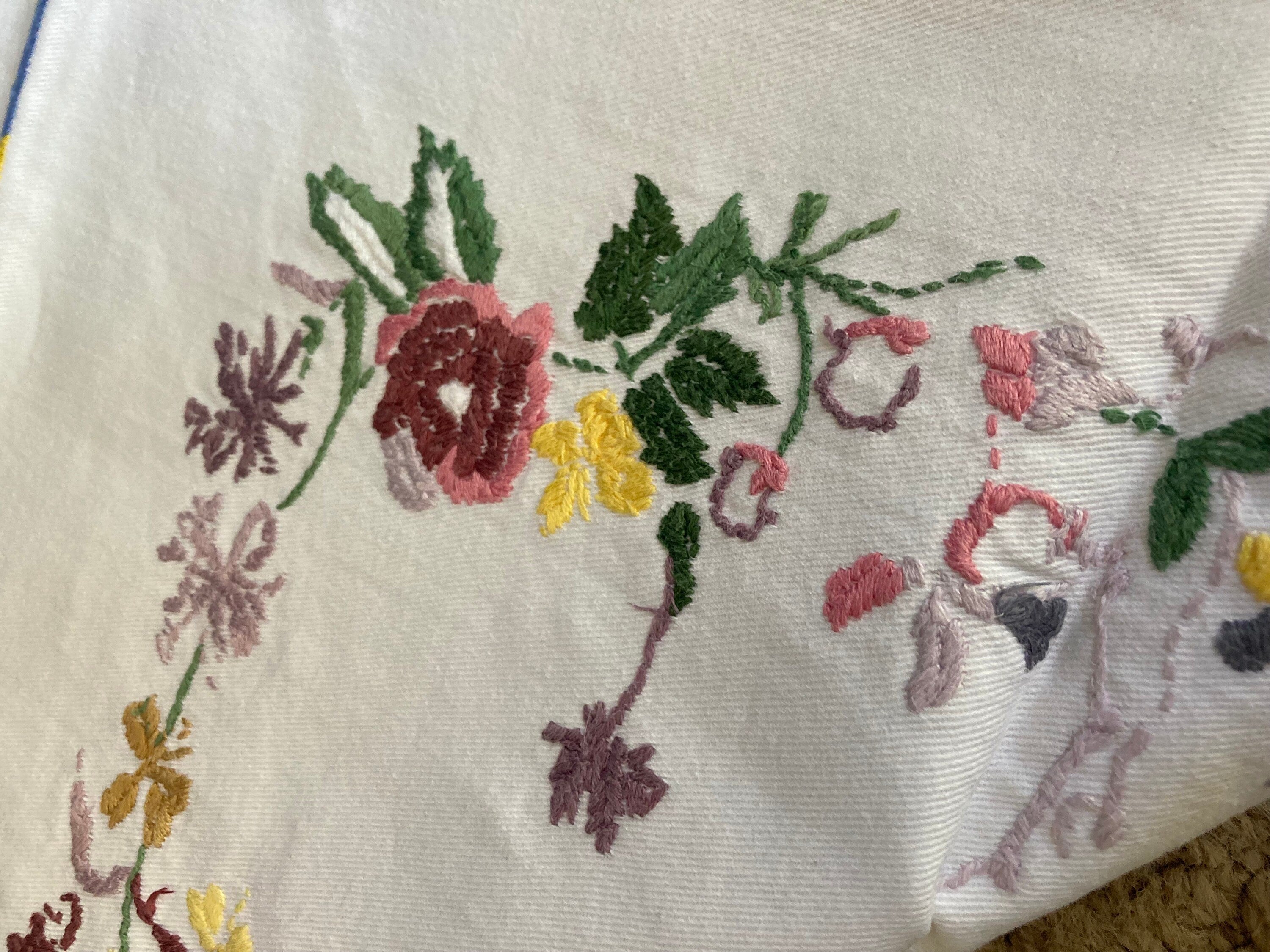 Large 33” square white Vintage embroidered blue yellow peach floral tablecloth