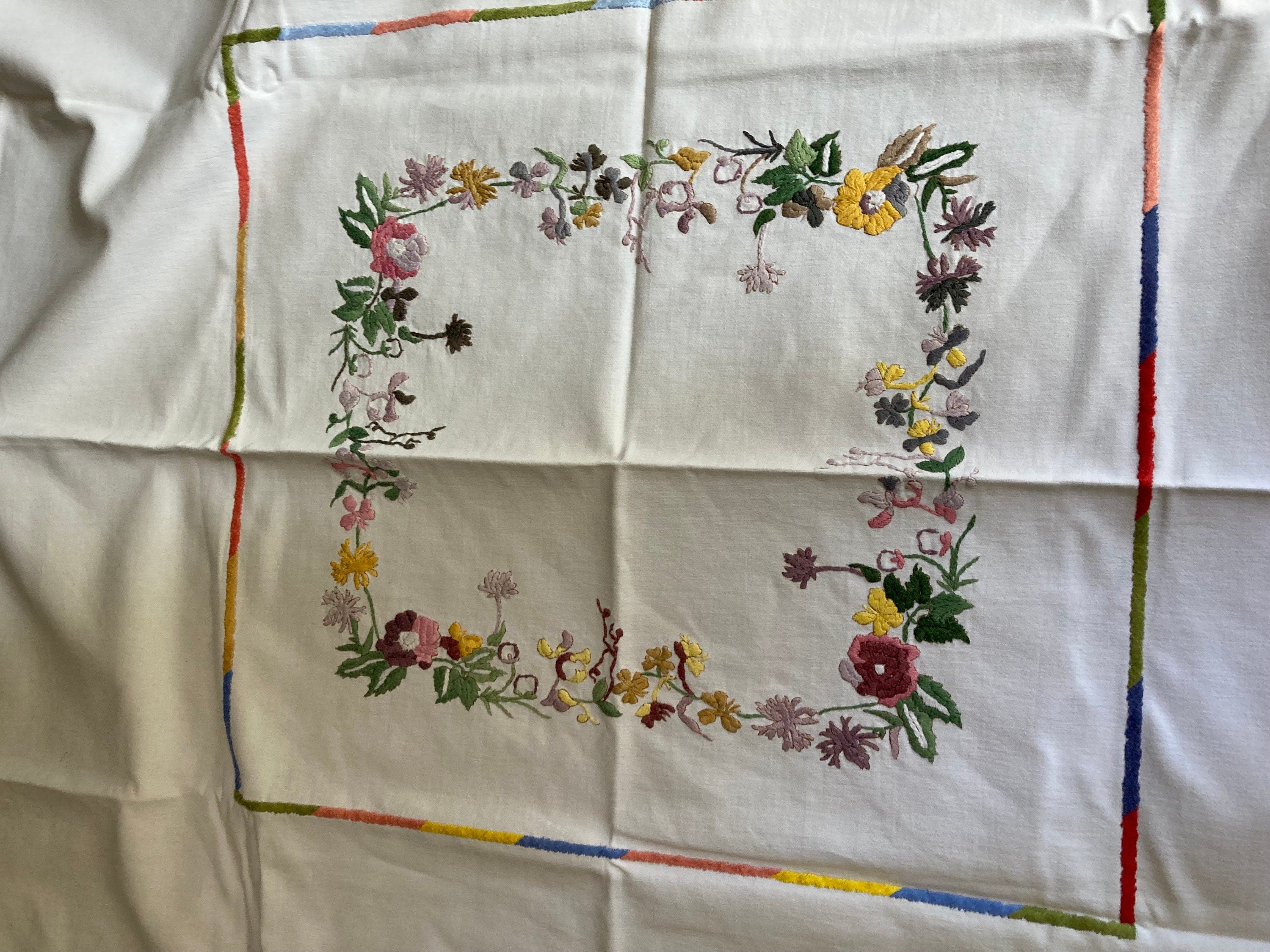 Large 33” square white Vintage embroidered blue yellow peach floral tablecloth