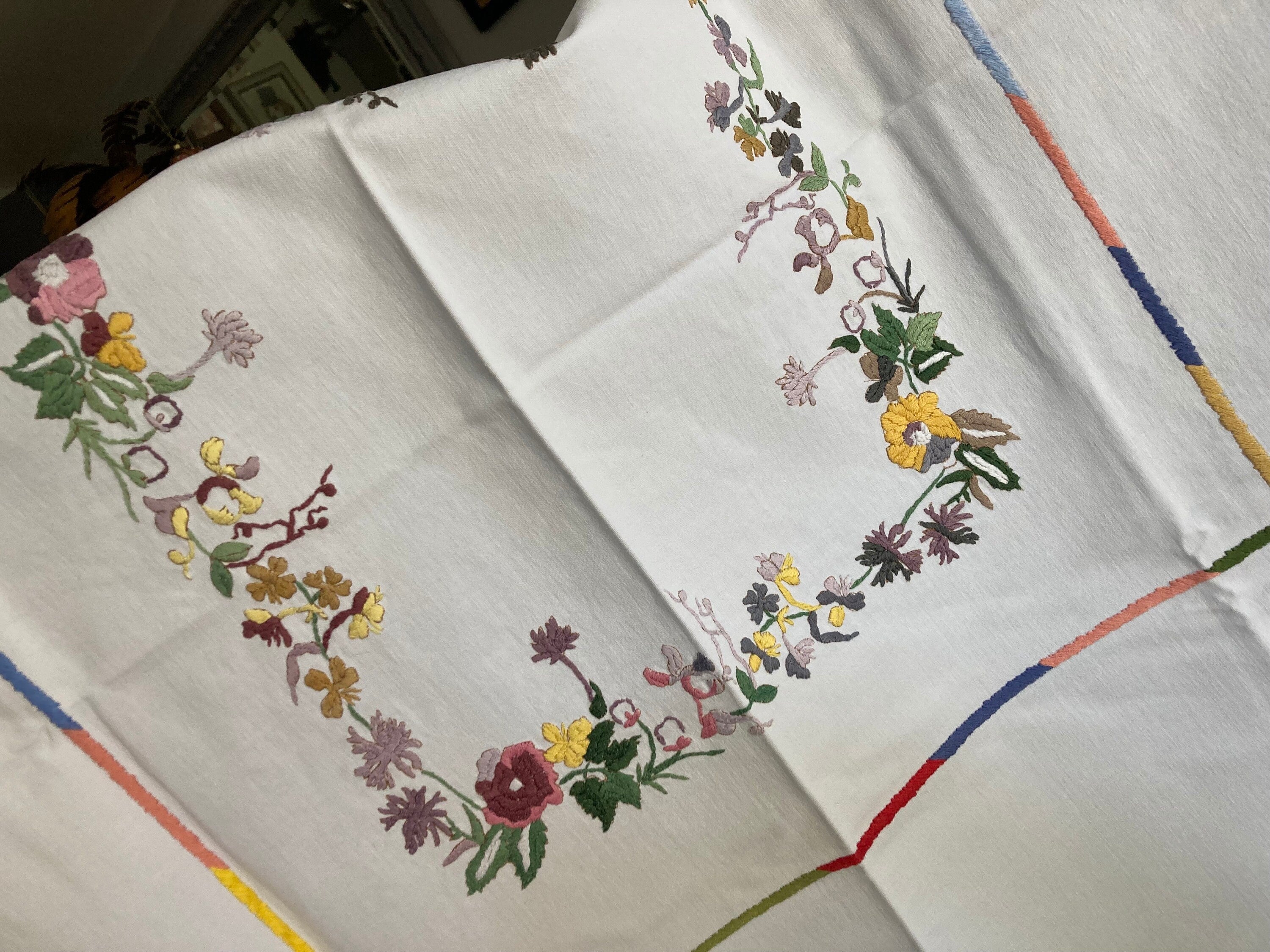 Large 33” square white Vintage embroidered blue yellow peach floral tablecloth