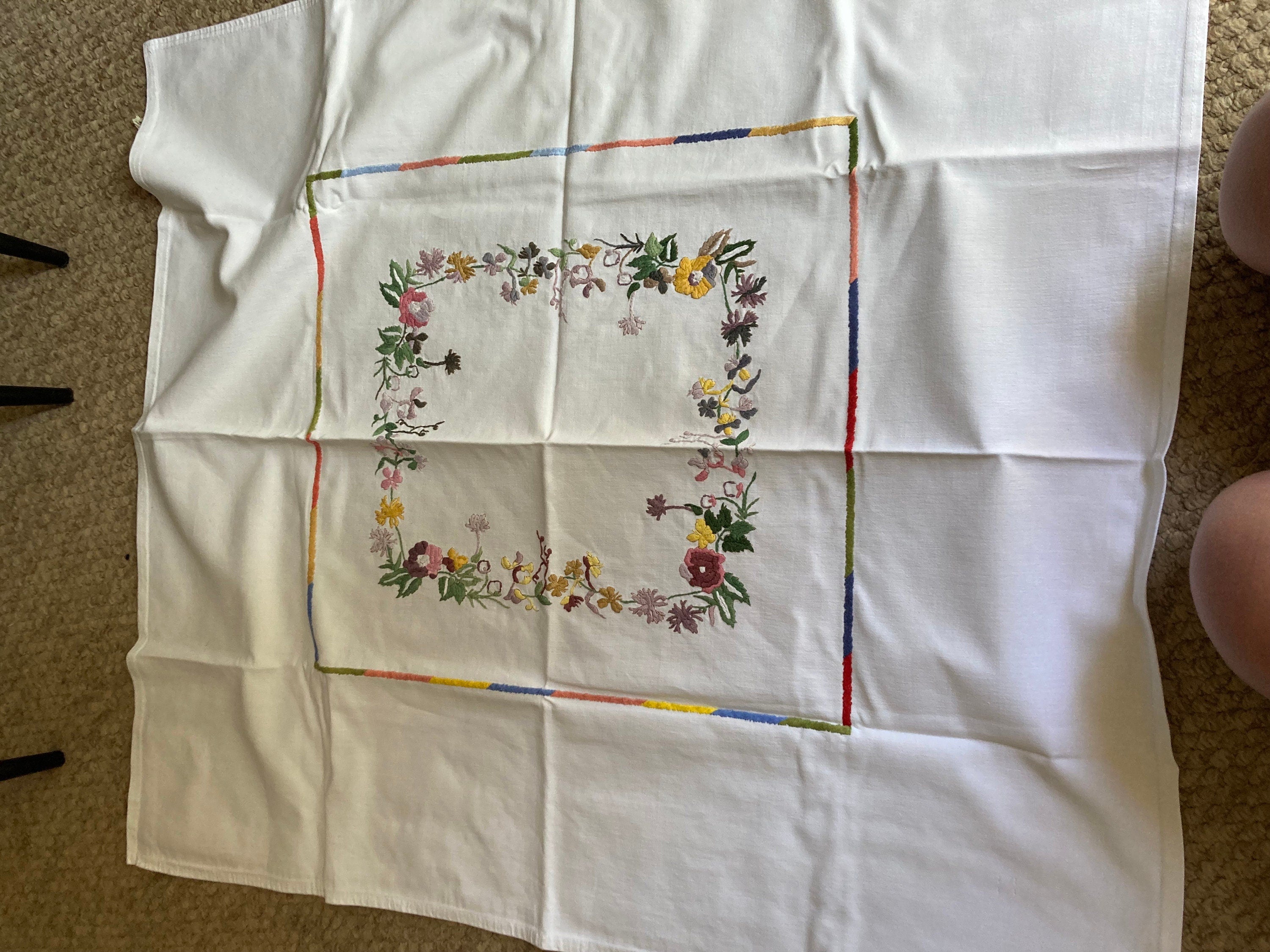 Large 33” square white Vintage embroidered blue yellow peach floral tablecloth