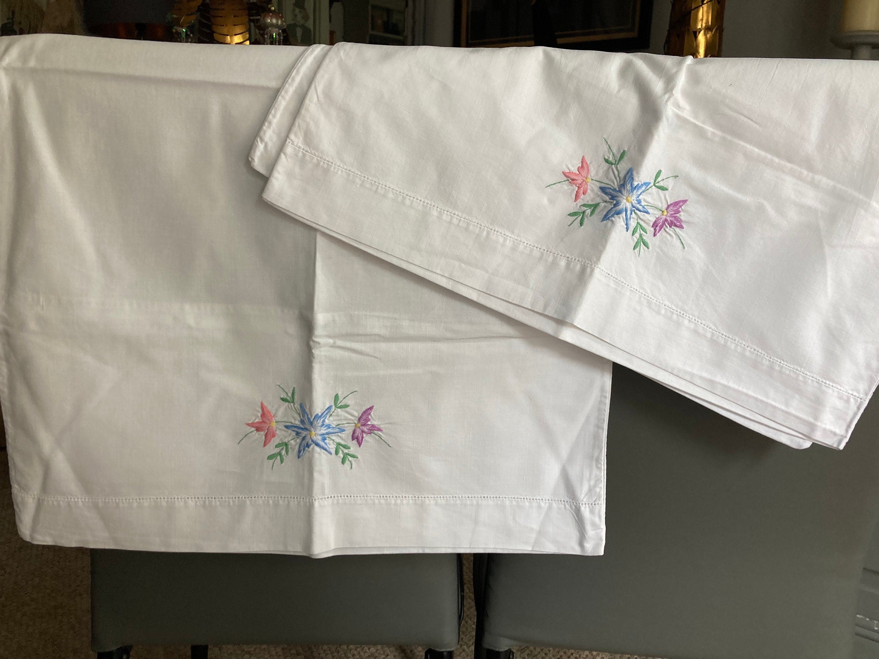 Vintage embroidered floral pair of pillowcases pink green blue pastels