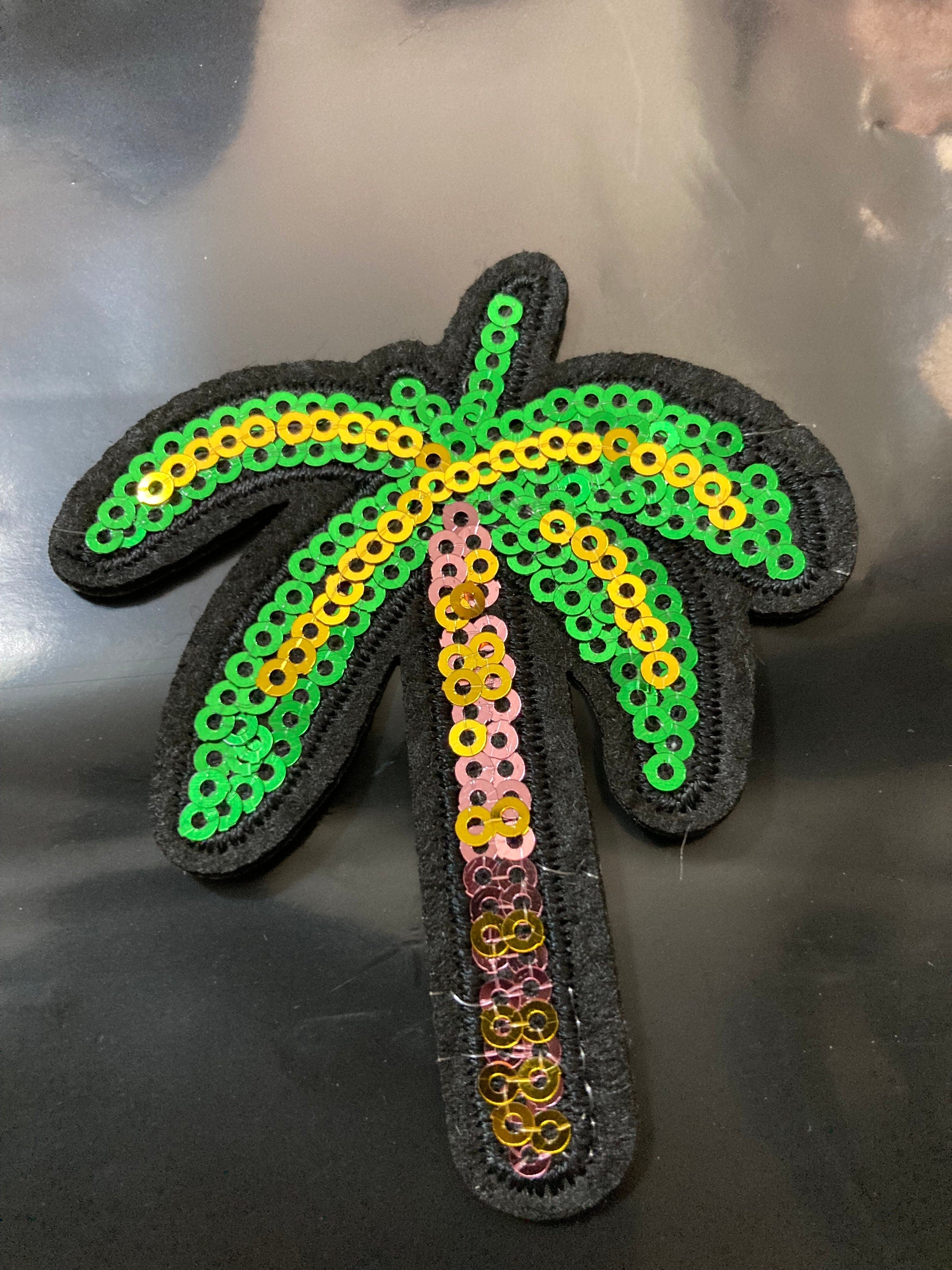 iron on tropical green palm tree sequin patch 8 x 6cm sewing applique