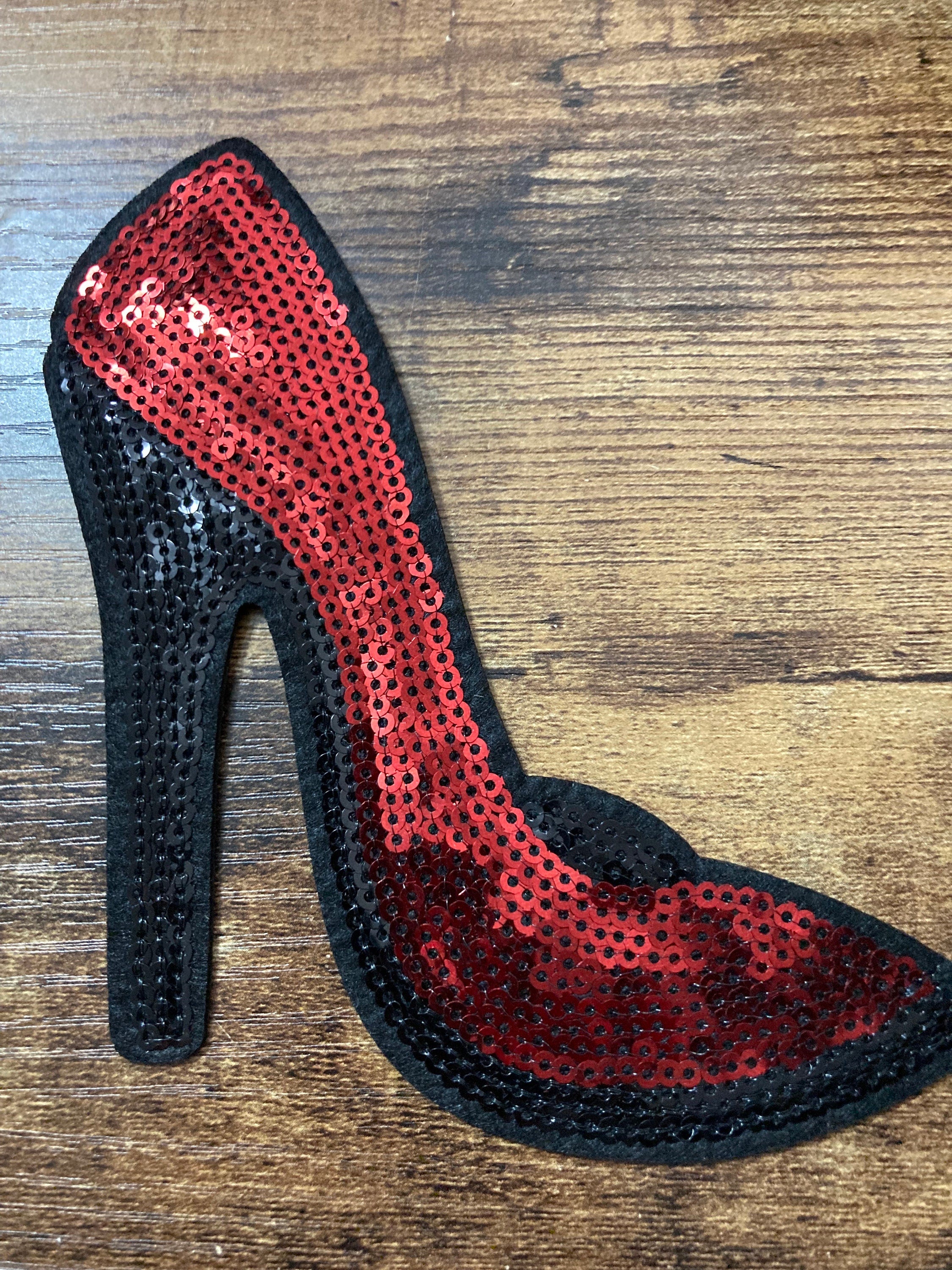 Large iron on red black high heeled shoe sequin patch 15 x 13 sewing applique