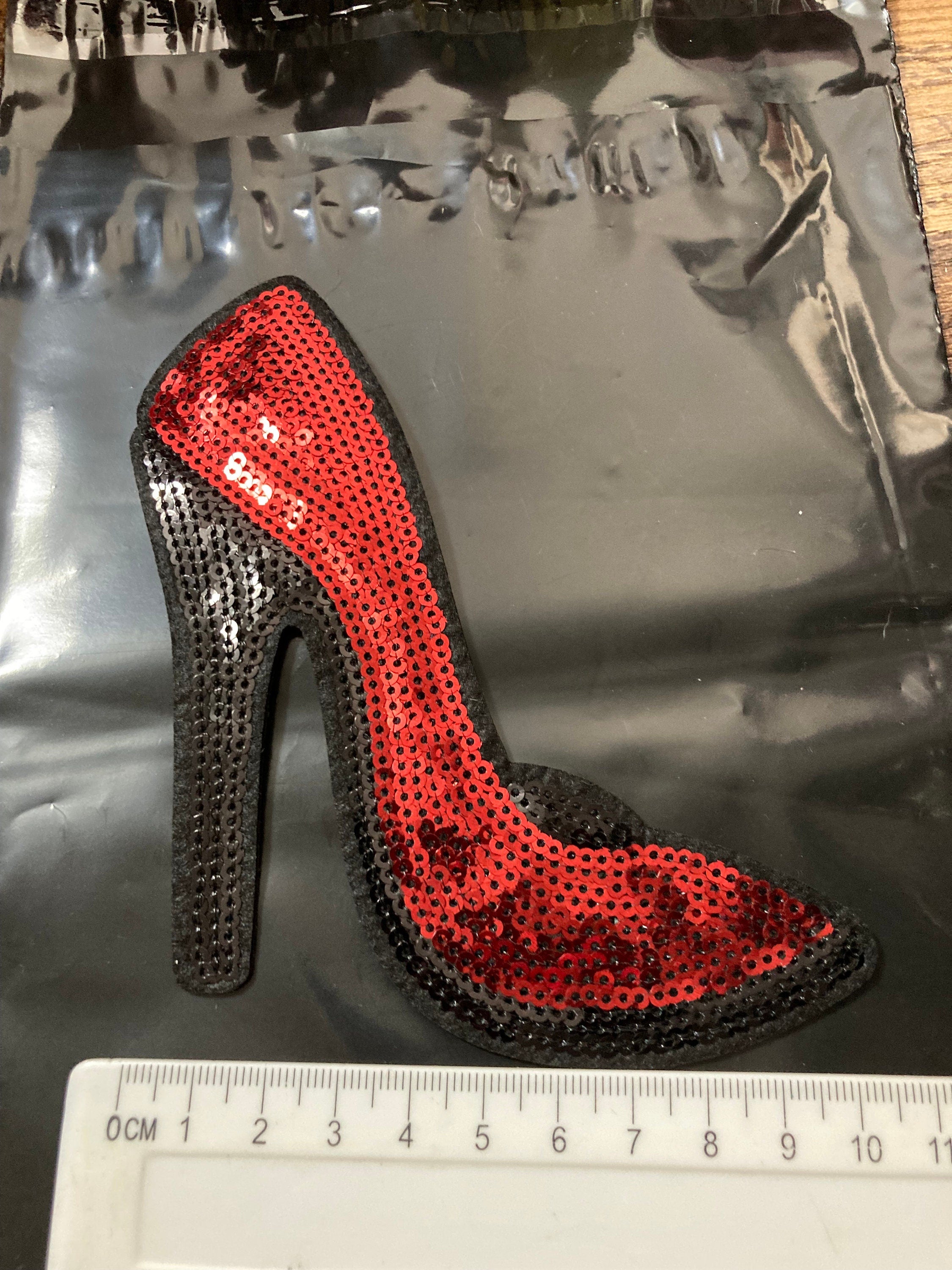 Large iron on red black high heeled shoe sequin patch 15 x 13 sewing applique