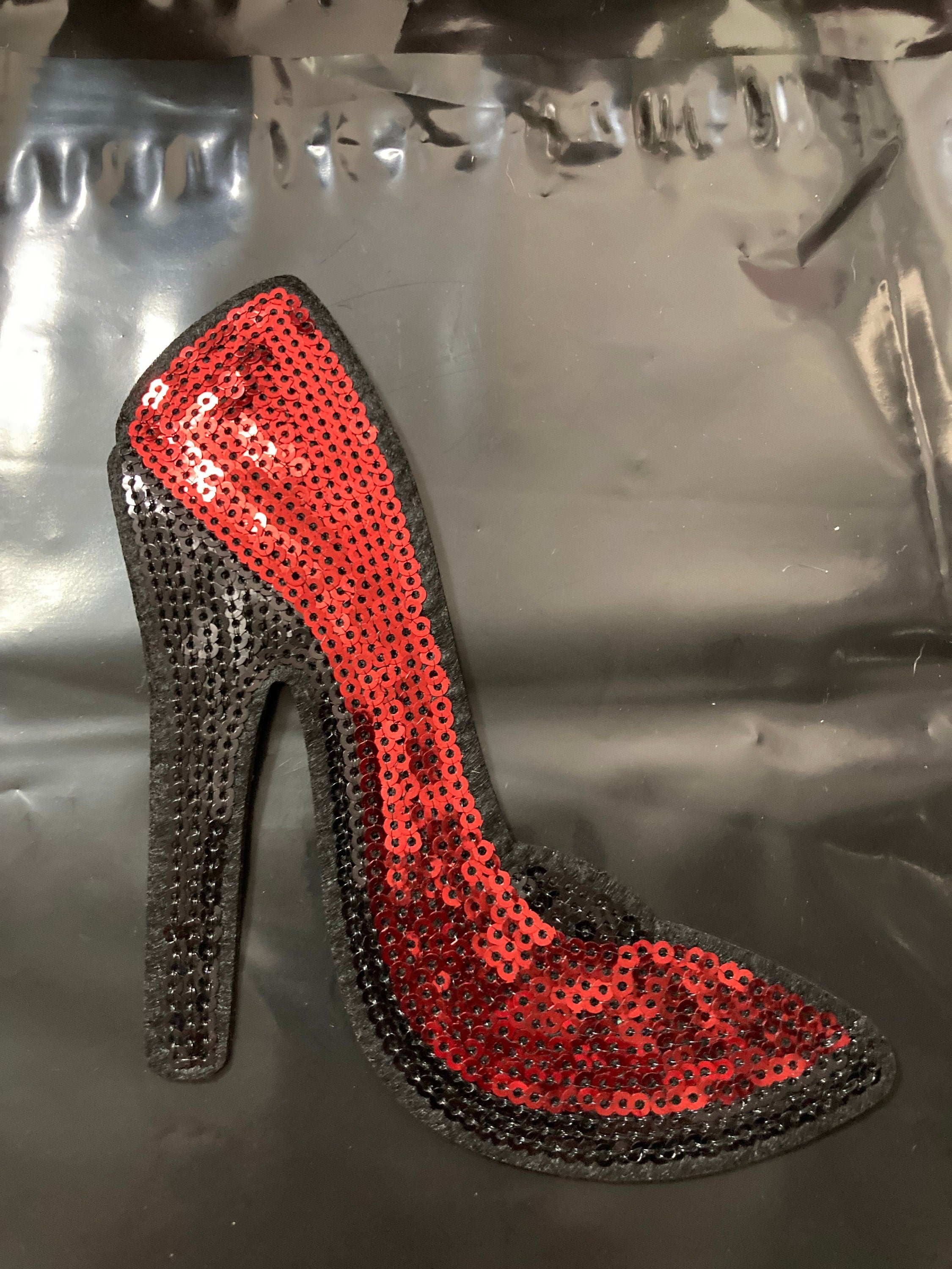 Large iron on red black high heeled shoe sequin patch 15 x 13 sewing applique